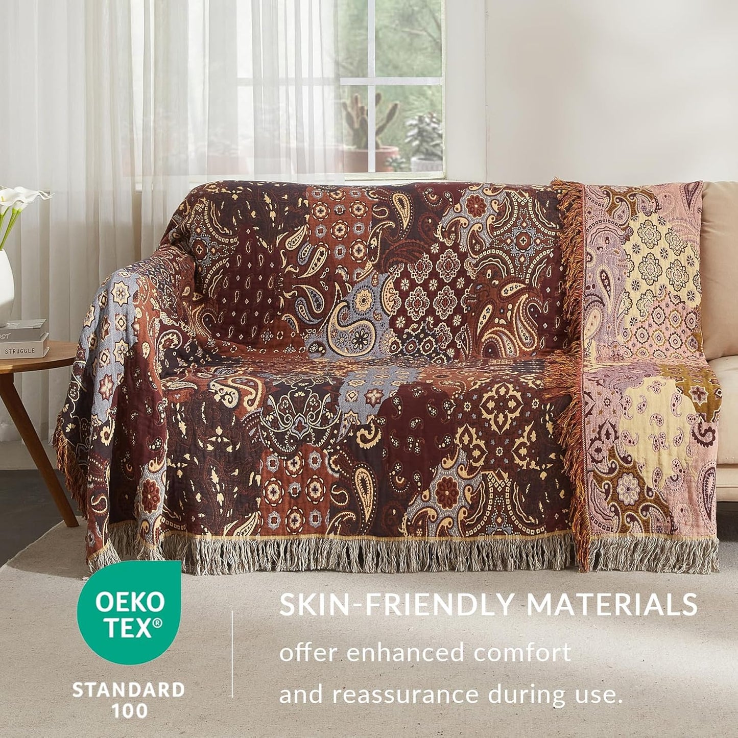 Boho Throw Blanket for Couch Sofa Bed, 100% Cotton Woven Quilt with Tassel 60”x80”, Super Soft Muslin Blanket with Patchwork Printed, Decorative Reversible Bed Blanket/Cover for All Seasons