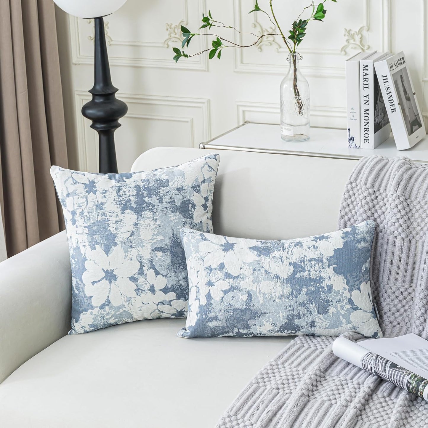 Jacquard Throw Pillow Covers 12x20 Inch Set of 2 - Vintage Floral Boho Pillow Cases with Botanical Pattern | Farmhouse Decor for Couch Living Room | Soft Textured Neutral Trio Dusty Blue 12" x 20"