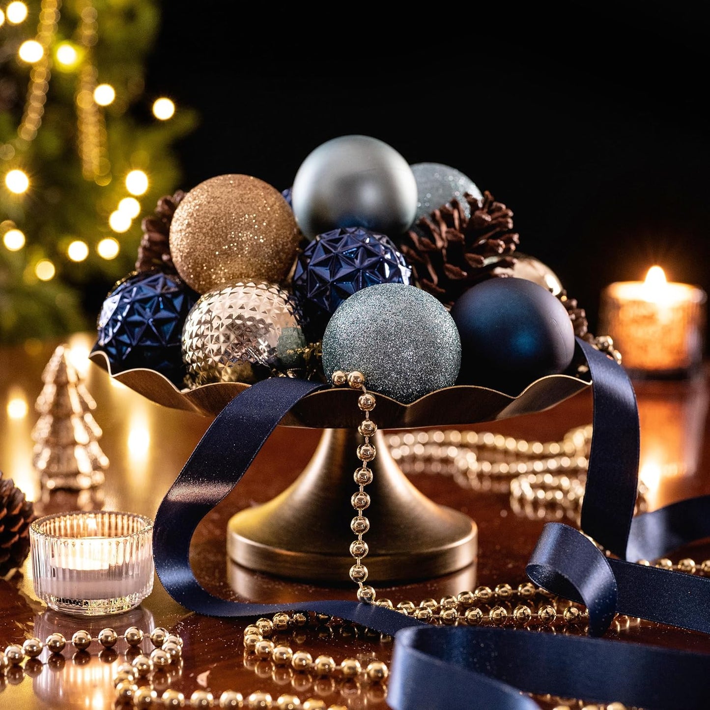 Valery Madelyn Christmas Tree Decorations Ornament Set for Fall Halloween, 50ct 2.36 Inches Blue and Gold Shatterproof Christmas Ball Ornaments Hanging Xmas Holiday Party Decor