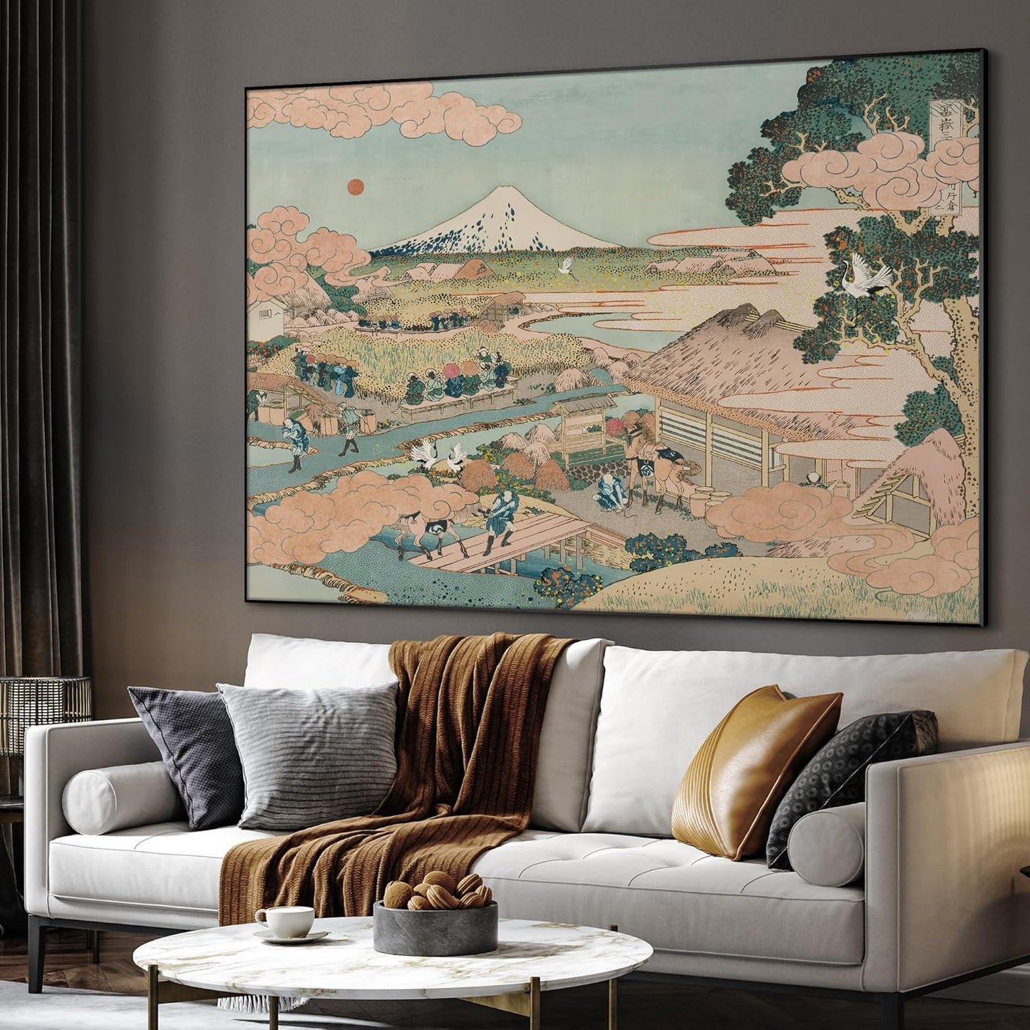 SIGNWIN 60"x72" Extra Large Framed Wall Art Japanese Ukiyo-e Landscape, Timeless Mt. Fuji Scene for Zen-Inspired or Asian-Style Interiors for Home Living Room Bedroom Decor (Frame Assembly Required)