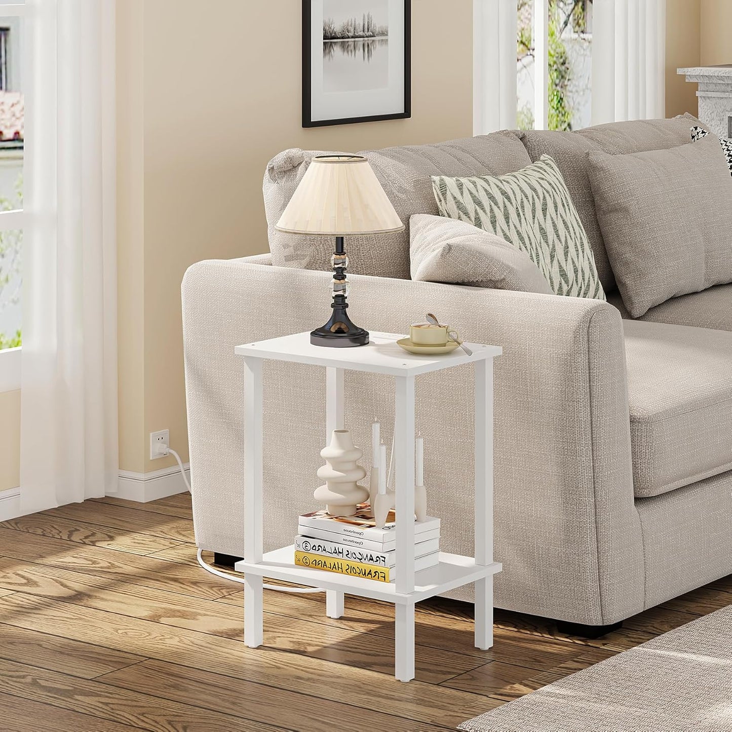 TUTOTAK End Table with Charging Station, Small Side Table with Outlets, Nightstand Bedside Table, 2-Tier Storage Shelf for Small Space, Living Room, Bedroom, White TB01BW040