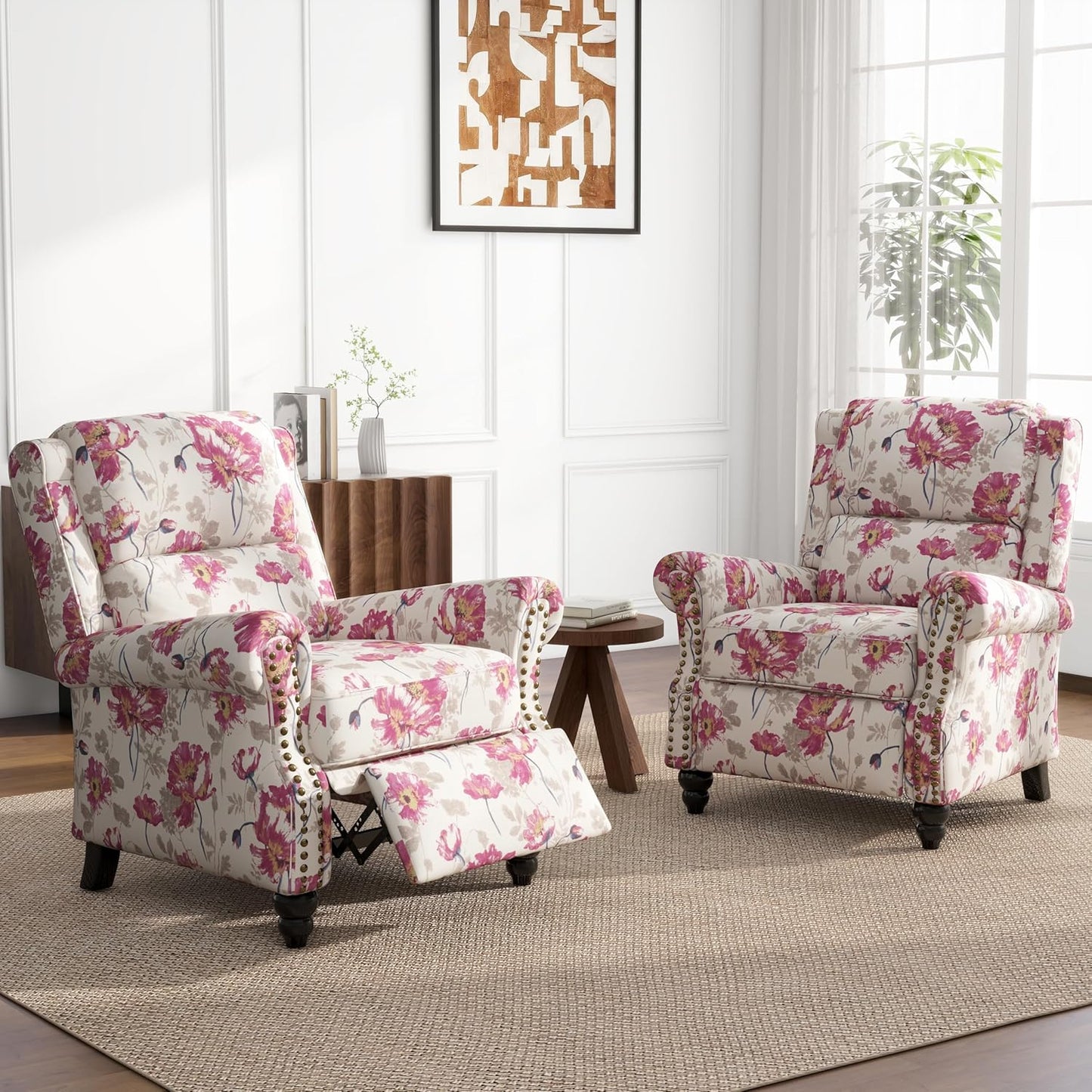 UIXE Pushback Recliner Chairs Set of 2, Fabric Armchair Push Back Accent Chair, Rivet Trim Club Chair Home Theater Overstuffed Single Sofa Reading Seat for Living Room, Pattern