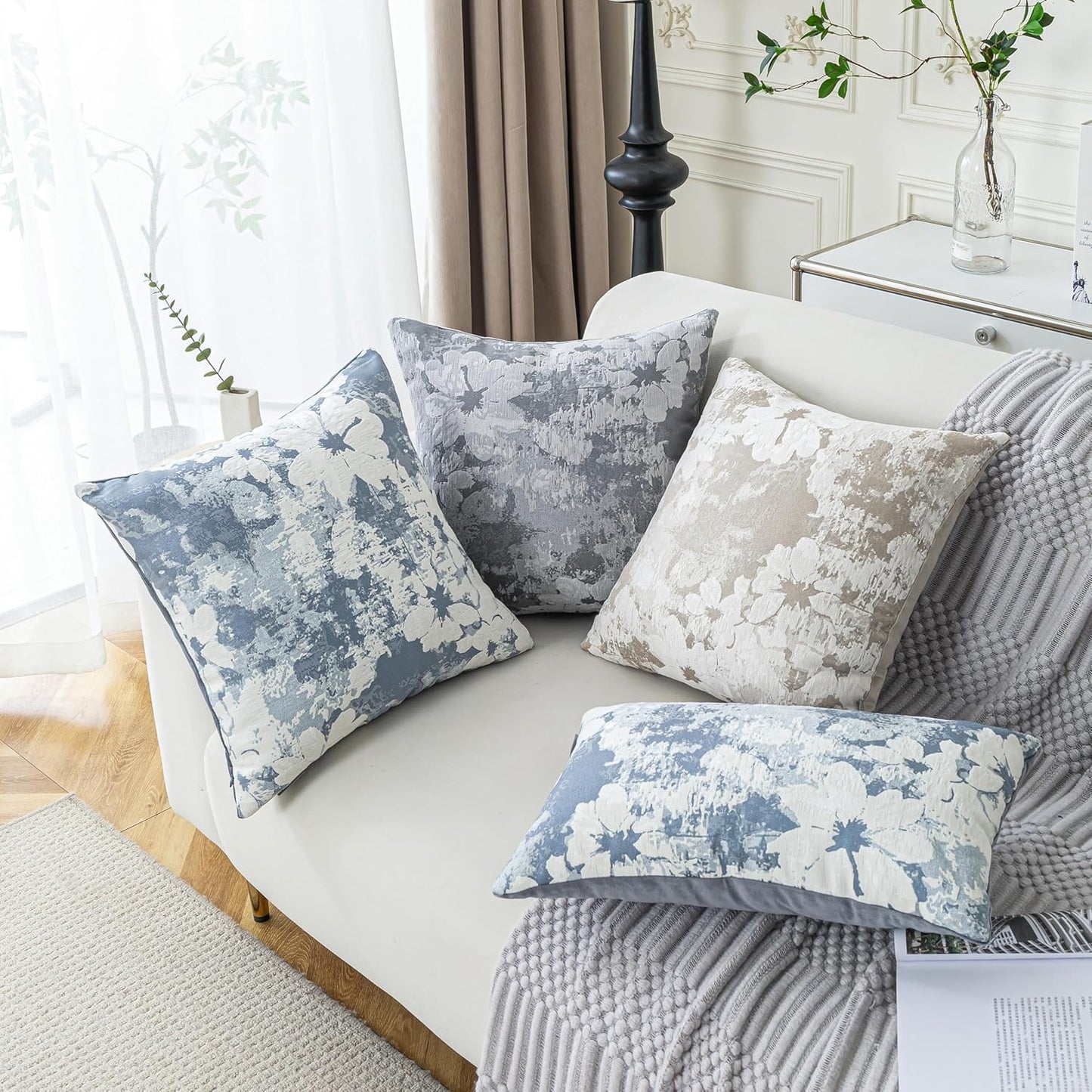 Jacquard Throw Pillow Covers 12x20 Inch Set of 2 - Vintage Floral Boho Pillow Cases with Botanical Pattern | Farmhouse Decor for Couch Living Room | Soft Textured Neutral Trio Dusty Blue 12" x 20"