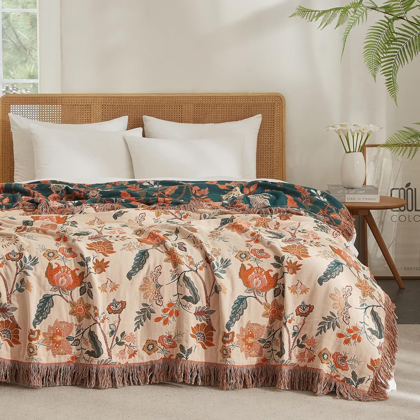 Boho Throw Blanket for Couch Sofa Bed, 100% Cotton Woven Quilt with Tassel 80”x90”, Super Soft Muslin Blanket with Floral Printed, Decorative Reversible Bed Blanket/Cover for All Seasons