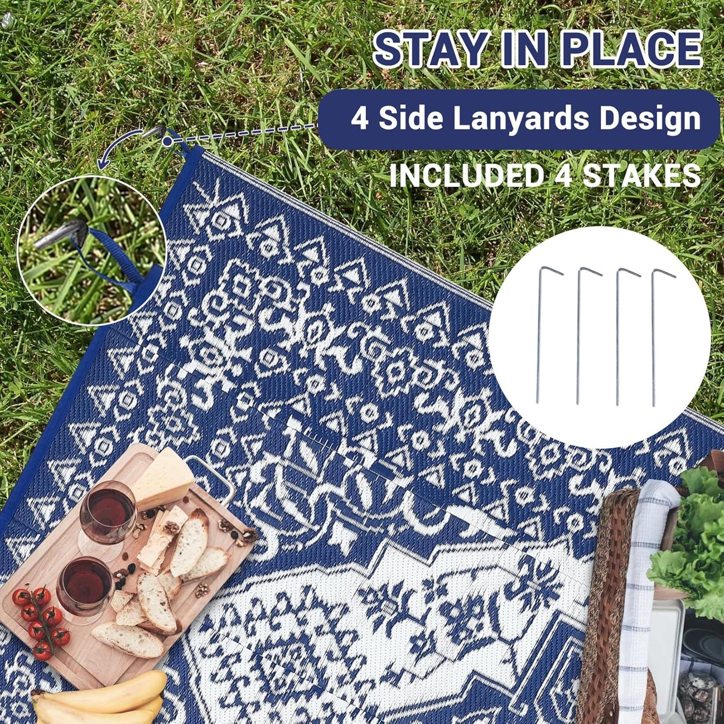 GAOMON Large Outdoor Plastic Straw Rug 10x14 Waterproof Patio Rug Reversible Foldable Portale Camping Mat with Stakes & Bag, Vintage Boho Outside Carpet for RV Garden Deck Porch, Navy