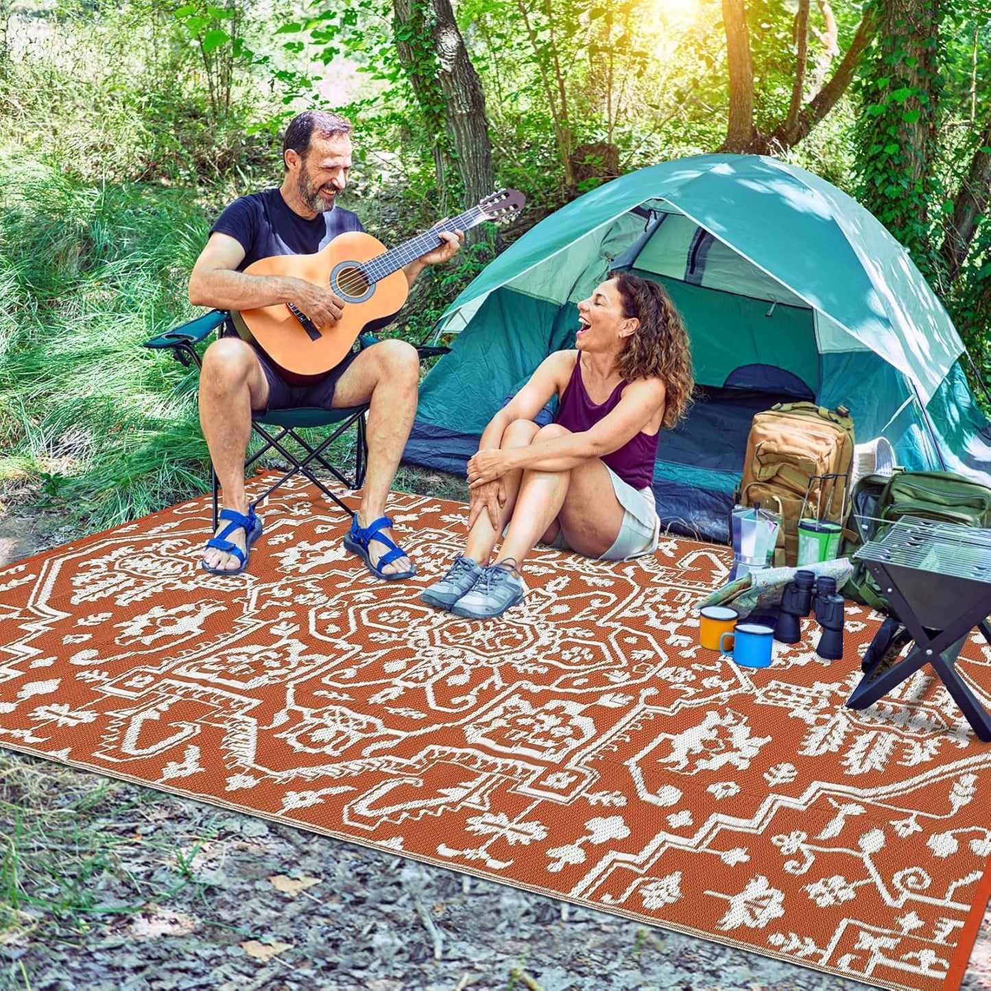 Outdoor Rug 8x10 Waterproof Reversible Plastic Straw Mat, UV-Resistant Vintage Medallion Camping Carpet for Patio, Deck, Balcony, Picnic, Large Outside Floor Mat, Vintage Terracotta Brick/White