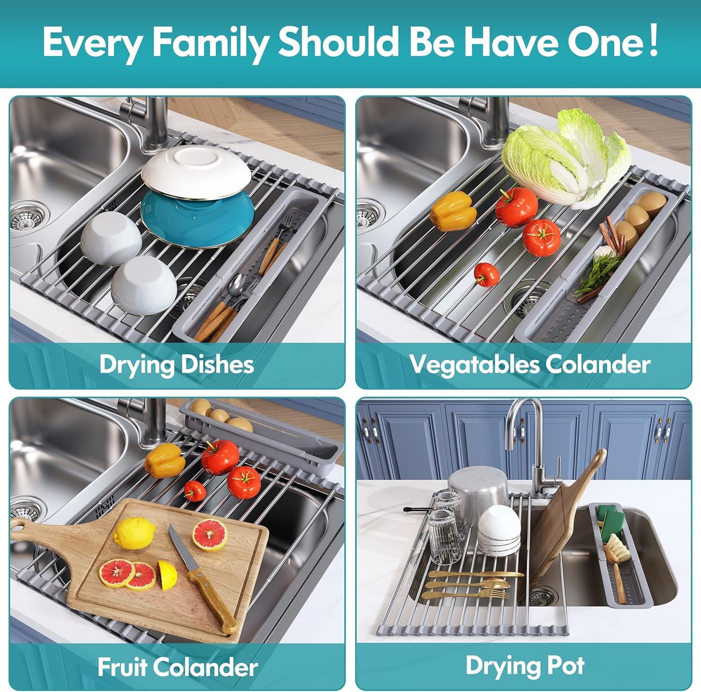 Roll Up Dish Drying Rack, Expandable (12.8"-23.8" D x 12.8" W) Stainless Steel Portable Drainer for Kitchen Sink Counter, Foldable Over The Sink Cover with Removable Utensil Holder