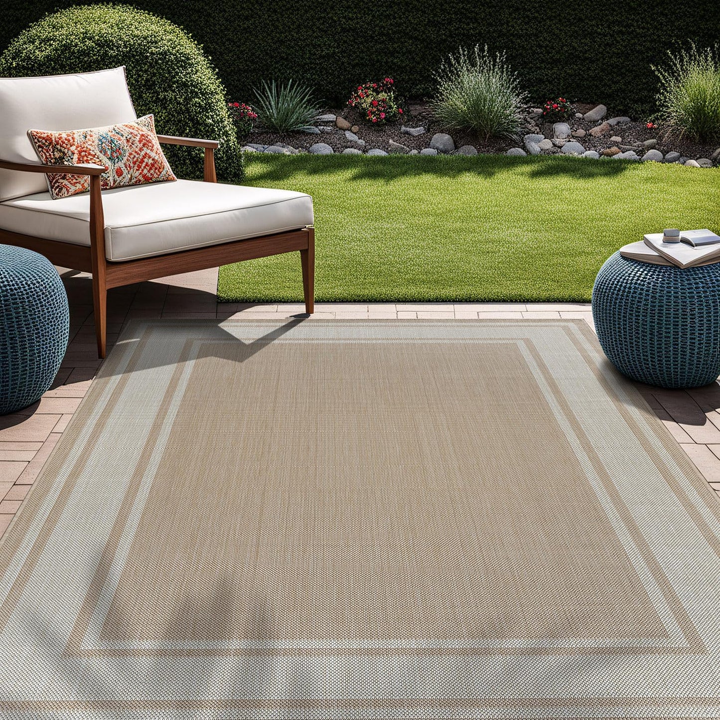 Beverly Rug Large Outdoor Rug 10x14 Modern Bordered Area Rugs for Indoor and Outdoor Patio Deck Porch Garden Waterproof Weather Sun Resistant Washable Outside Carpet (10 x 14 Beige)