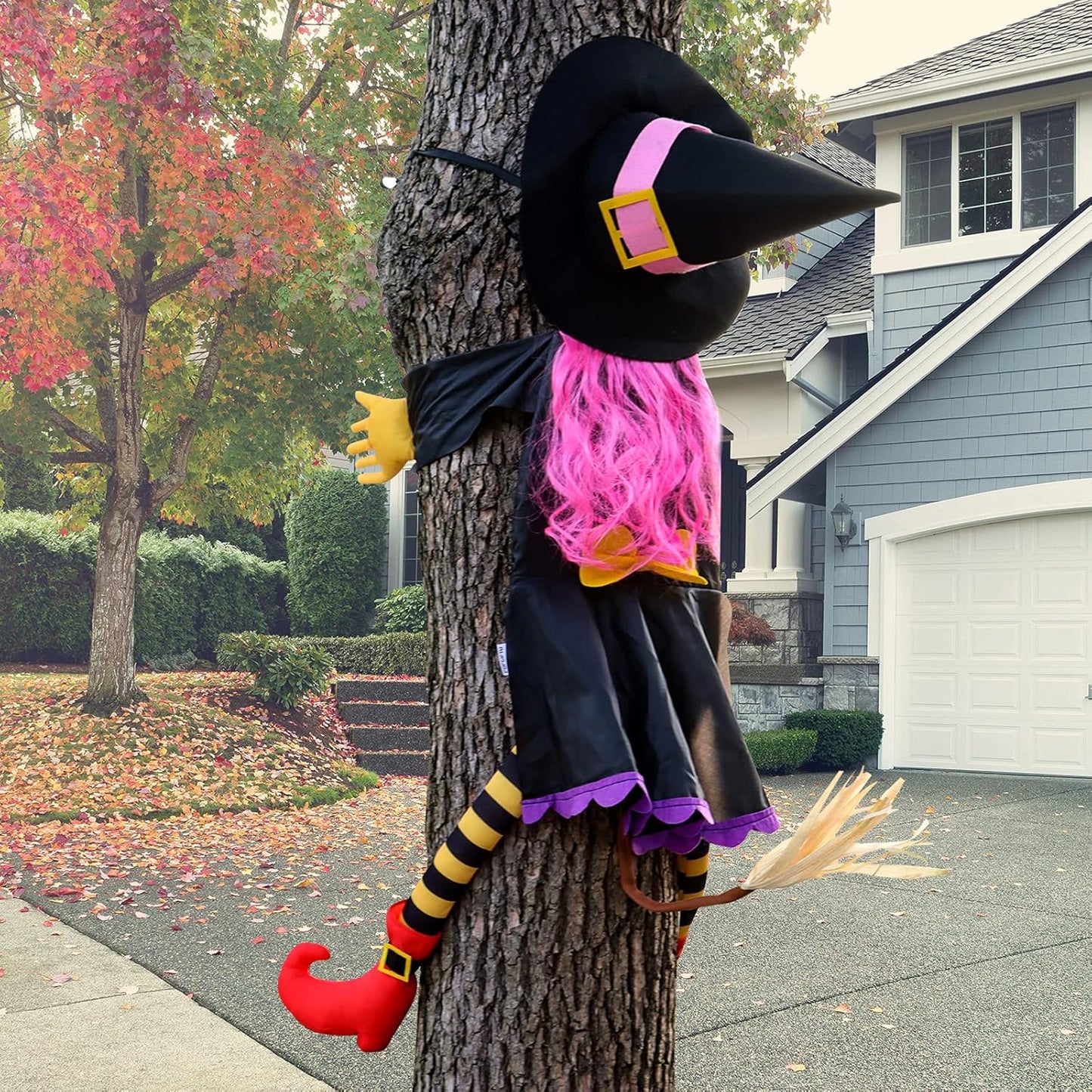 POPGIFTU 51" Halloween Crashing Witch Decoration – Pink Flying Witch for Tree, Yard, Porch, and Indoor Outdoor Halloween Décor