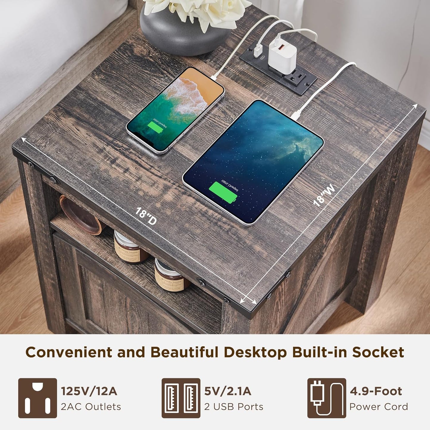 OKD Farmhouse Nightstand with Charging Station, 18" Rustic End Table with Adjustable Storage Shelf, Wood Rustic Wood Sofa Side Table for Bedroom