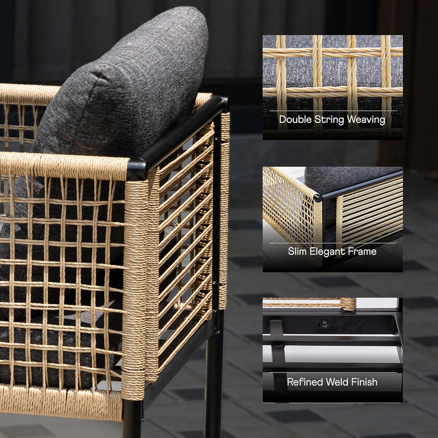 Idzo Oscar Wicker Outdoor Lounge Chair Set of 2, Sturdy Metal Frame, Weather-Resistant Rope Weave, Plush Olefin Cushions, Modern Patio Chairs for Backyard, Balcony, or Poolside