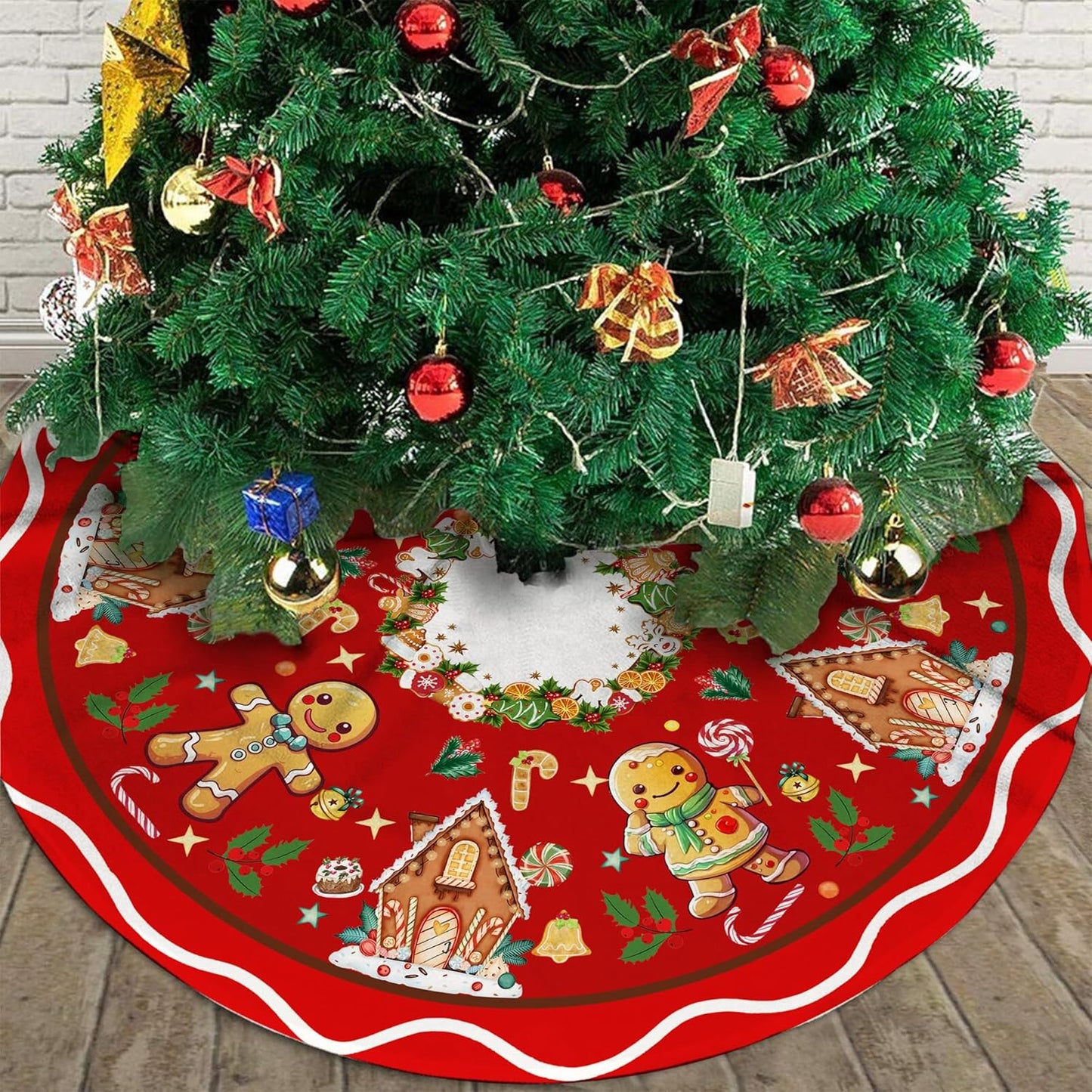 Gingerbread Man Candy Christmas Tree Skirt Xmas Tree Mat Christmas Tree Ornaments Decorations Holiday Party Indoor Outdoor 36"