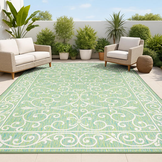 JONATHAN Y Vintage Filigree Indoor Outdoor Area Rug 5X8 Green/Ivory, Charleston Textured Weave for Backyard, Patio, Porch, Easy-Cleaning, High Traffic, Pet-Friendly, Non-Shedding (SMB106K-5)