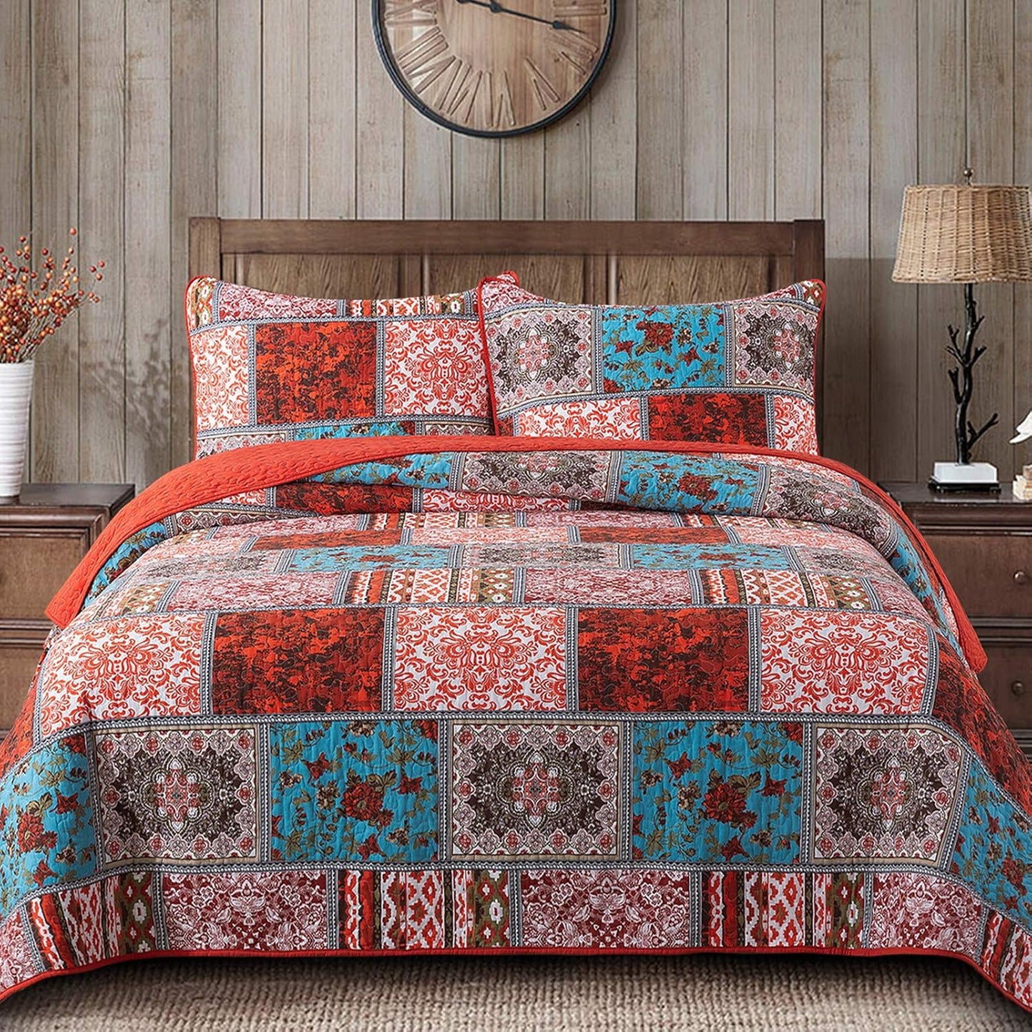 NEWLAKE Cotton Bedspread Quilt Sets-Reversible Patchwork Coverlet Set, Mediterranean Classic Bohemian Pattern,Queen Size