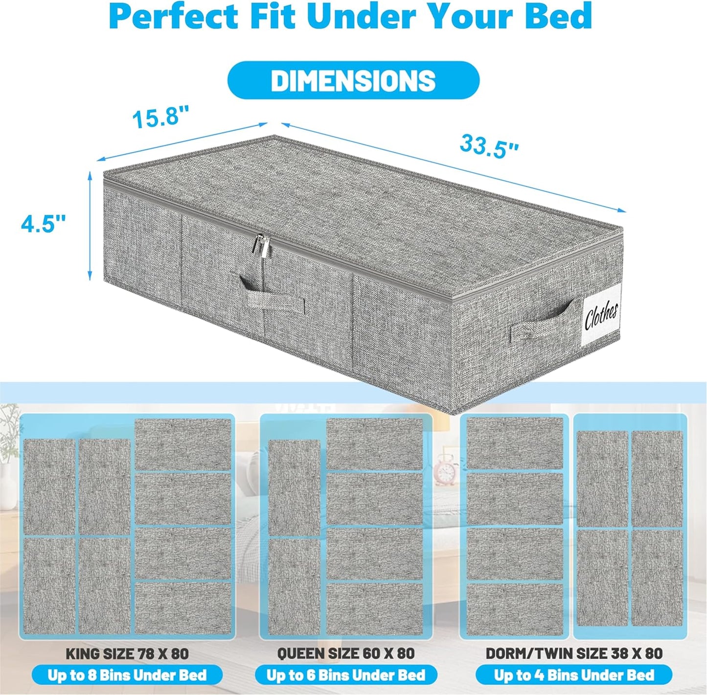 Under Bed Storage Container Bin 4 Pack, 4.5 Inch Slim Low Profile Underbed Clothes Storage Organizer for Dorm & Home, Use for Blanket and Toy Storage Box W/ Sturdy Bottom/Sides, Foldable Thick Fabric