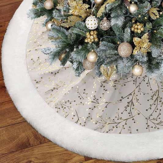 Christmas Tree Skirt, Gold White 36 Inch Faux Fur Plush Christmas Decorations Tree Base Mat Thick Velvet Rugs for Holiday Home Decor Party Xmas