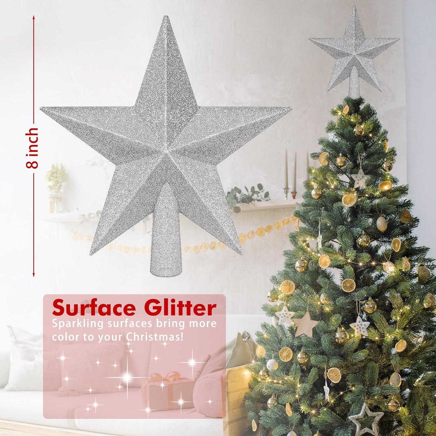 Tree Topper Star, 8" Silver Christmas Tree Topper with Glitter, 3D Bethlehem Star Xmas Tree Topper Decorations, Waterproof Shatter-Proof Tree Decoration for Christmas Holiday Home Indoor and Outdoor