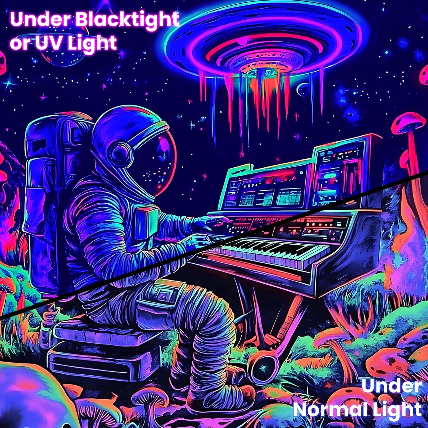 BVBOX Astronaut Space Blacklight Tapestry 90"x70", UV Reactive Astronaut Electronic Piano Universe Galaxy Planet Glow in Dark Music Tapestries, Black Light Neon Upright Poster Wall Hanging Backdrop Decor for Bedroom Living Room