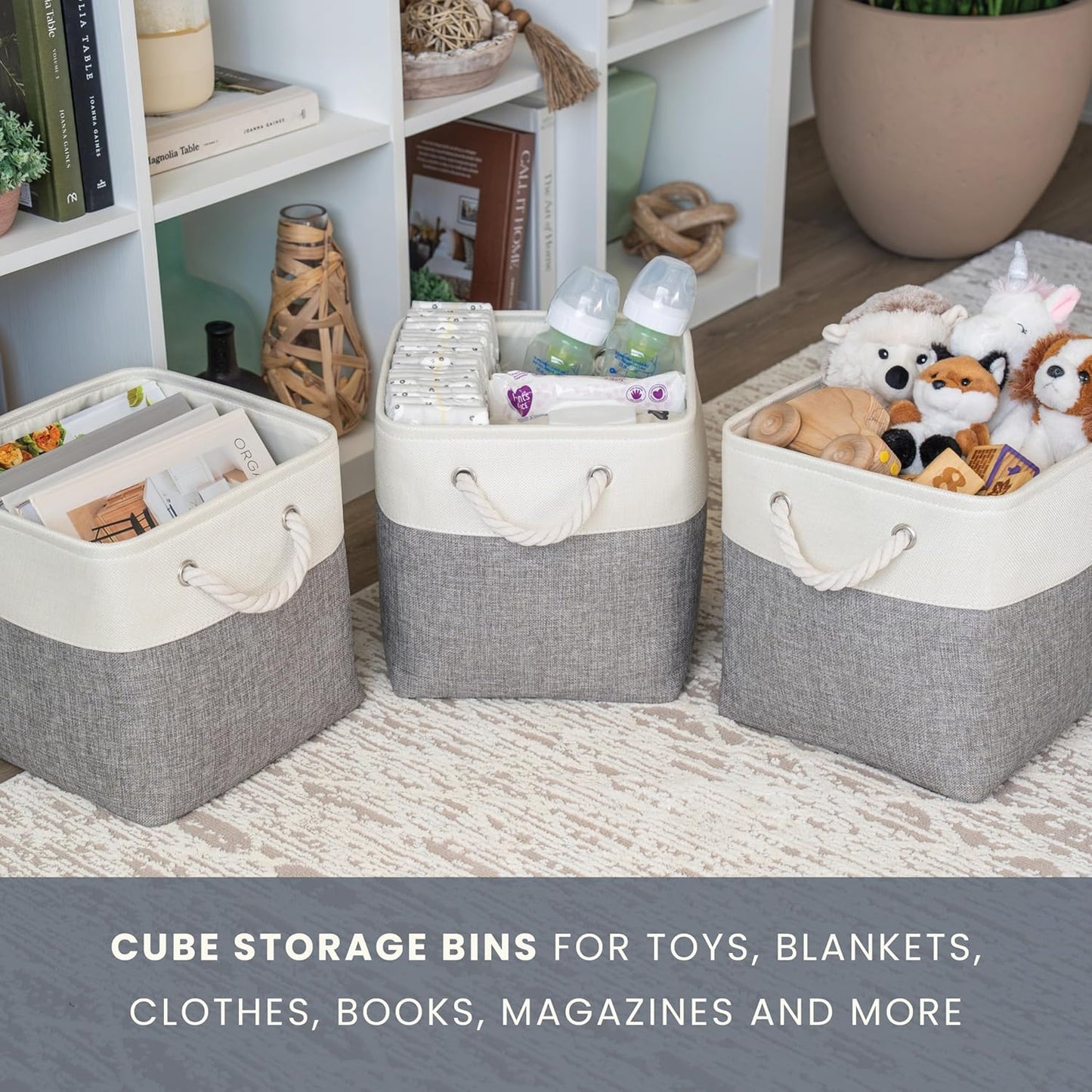 OrganiHaus 12x12 Cube Storage Bins 4 Pack, Foldable Cube Storage Organizer w/ Rope Handles, Collapsible Fabric Bins for Toys, Clothes & Closet Organization, Fabric Square Baskets - Gray/White