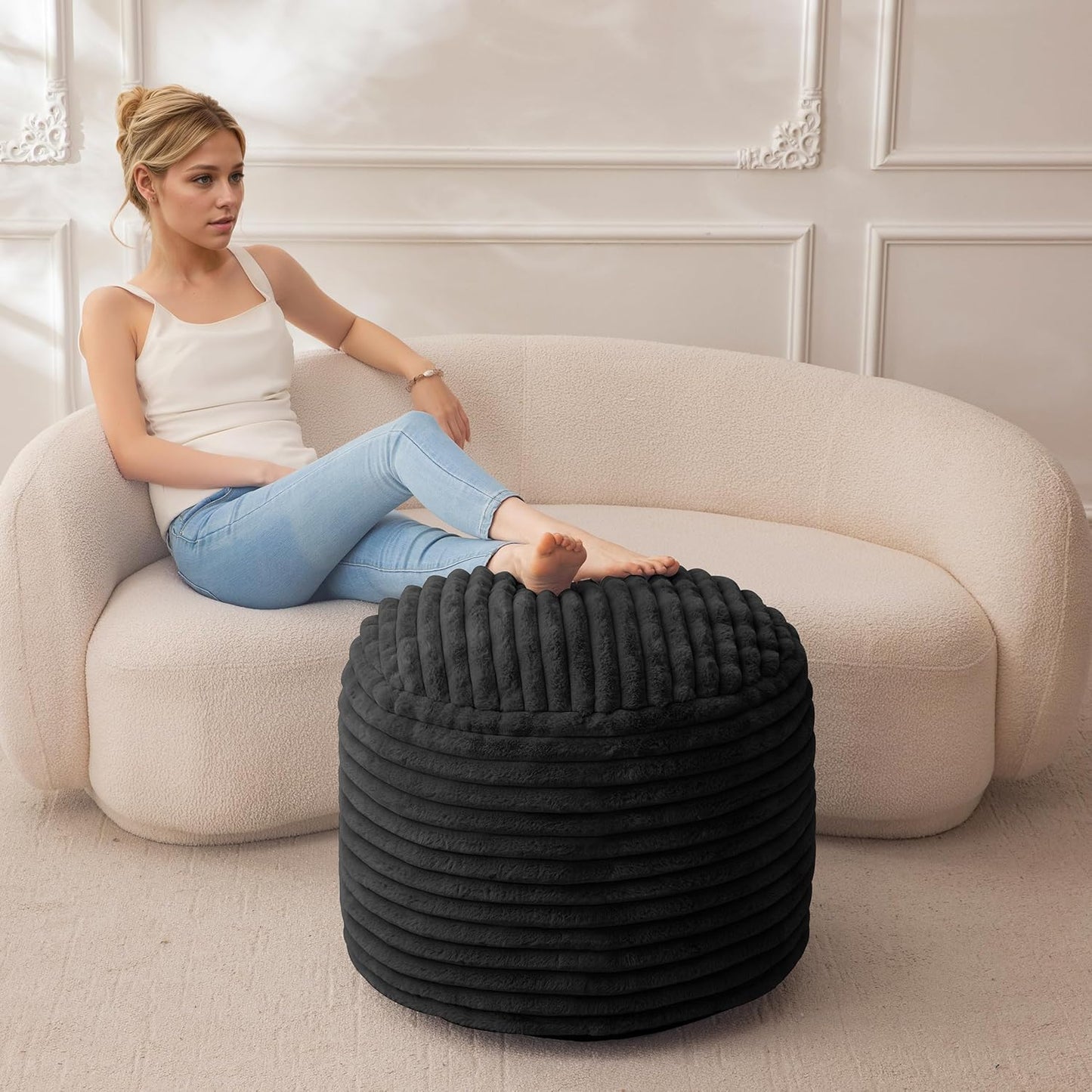 HIGOGOGO Round Stuffed Pouf Ottoman, Corduroy Poufs with High-Density Foam Filling, Furry and Fluffy Pouf Foot Stool Storage Ottoman, 20 X 15 Floor Poufs Foot Rest for Living Room, Black