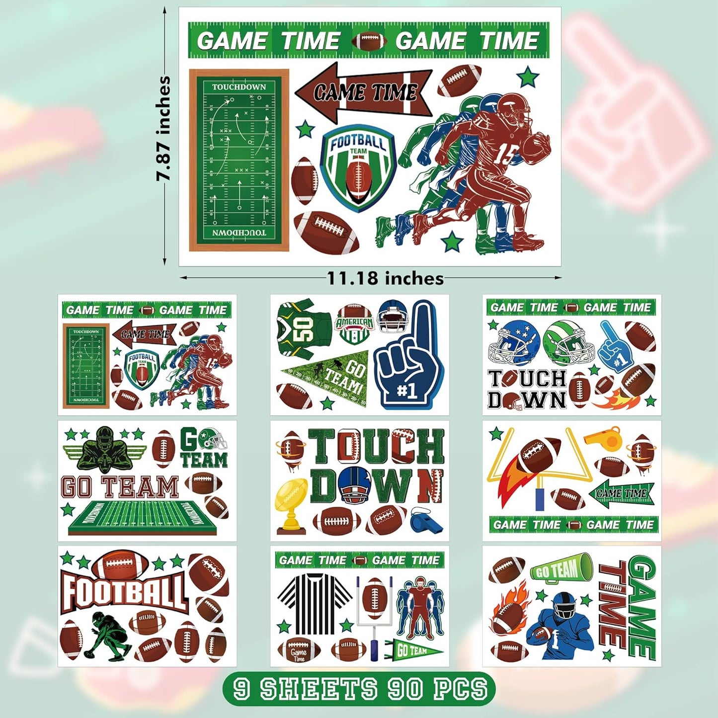 Football Window Clings, Football Party Decorations, Touch Down Party Window Stickers, Green Brown Themed Stickers Decal Gel for Touchdown Party Decor Accessories Set