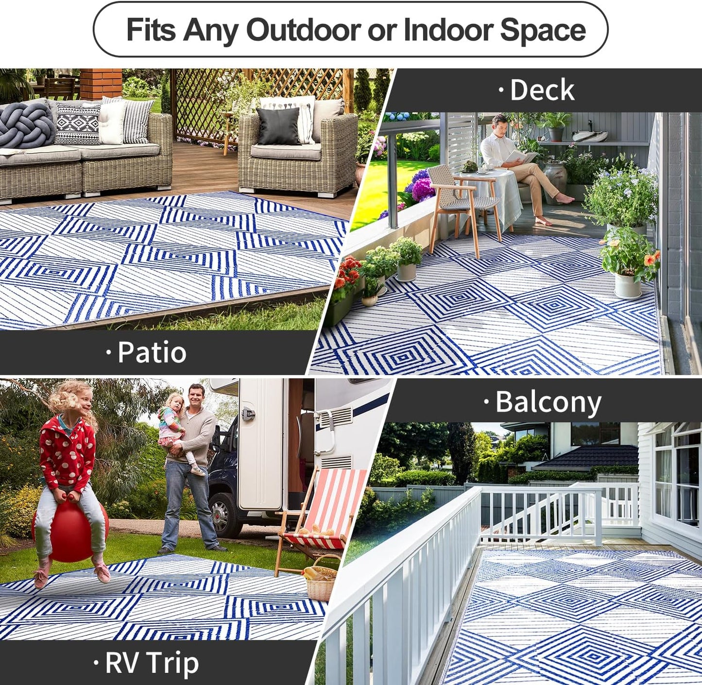 Waterproof Outdoor Rug 6x9ft, Foldable Reversible Plastic Straw Mat for Patio RV Deck Porch Backyard Balcony Camping Picnic Beach Indoor Outdoor Carpet, Blue&White