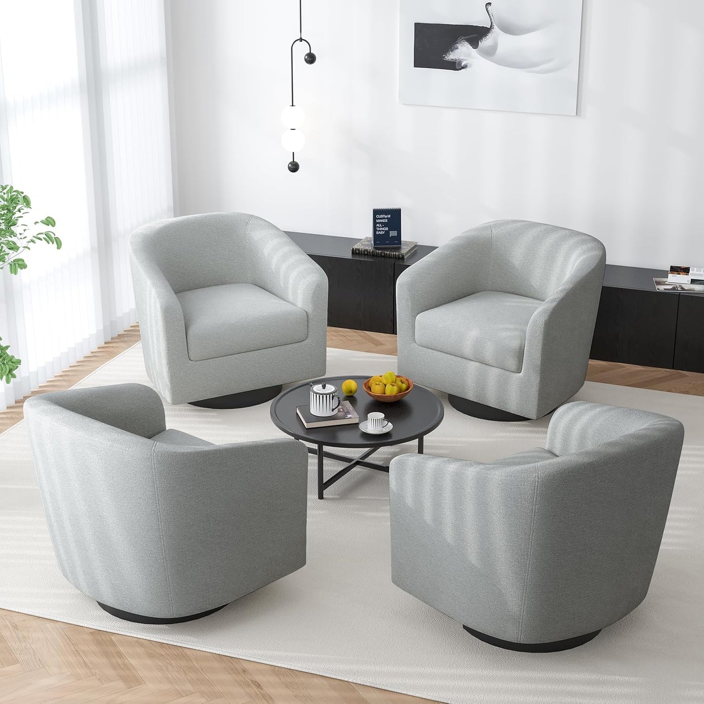 Swivel Barrel Accent Chair, Modern Round Chenille Fabric Arm Chair for Living Room, Bedroom, Comfy Club Reading Chairs for Adults（Chenille Fabric, Light Grey, Set of 4