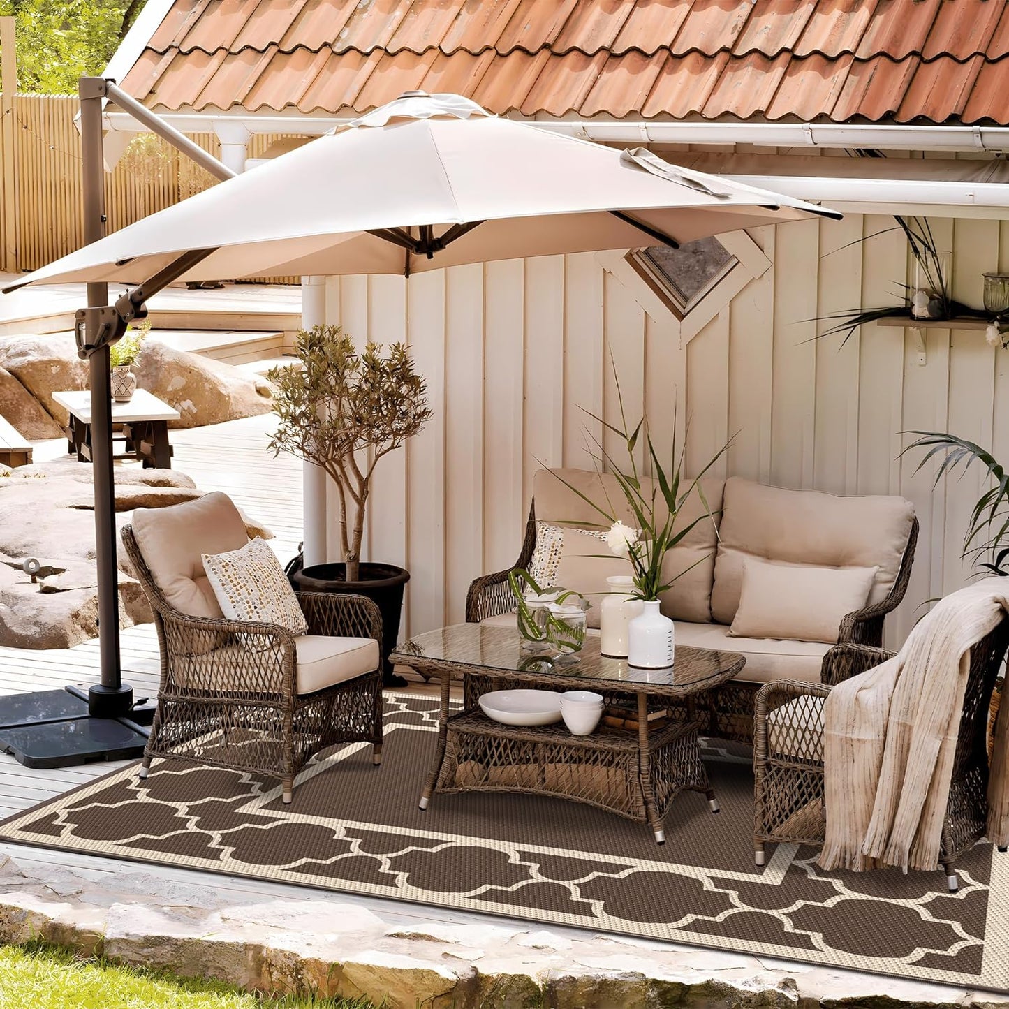 GENIMO 5' x 8' Outdoor Rug Waterproof for Patio Decor, Foldable Reversible Plastic Straw Area Rugs Mat for Camper, Outside Carpet for Rv, Deck, Porch, Picnic, Beach, Balcony, Coffee & Beige