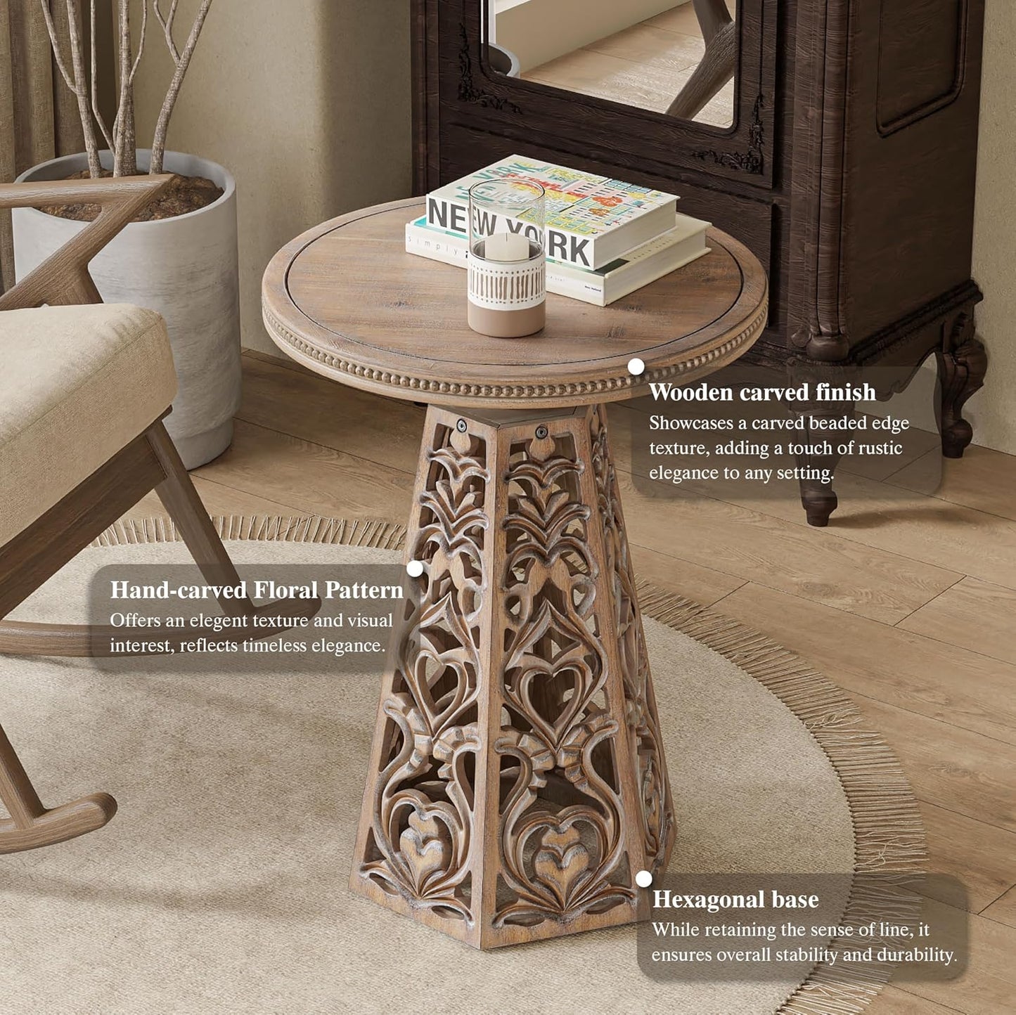 Rustic Farmhouse Wooden End Table, Distressed Round Accent Table with Intricate Carved Floral Patterns, Boho, for Living Room, Bedroom, or Entryway, Distressed Wood Color