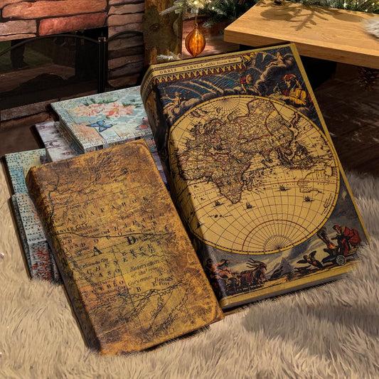 Decorative Book Box Set of 2, Trinket Keepsake Storage Boxes Book Shaped Storage Box Vintage Style Decorative Faux Books Boxes Globe Antique Books for Home Decoration Old World Map Pattern