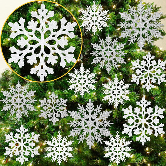 White and Silver Christmas Snowflake Ornaments- 36Pcs Plastic Glitter Hanging Snow Flakes for Christmas Tree Decorations Winter Wonderland Frozen Birthday Party Holiday Home Decor Craft Snowflakes