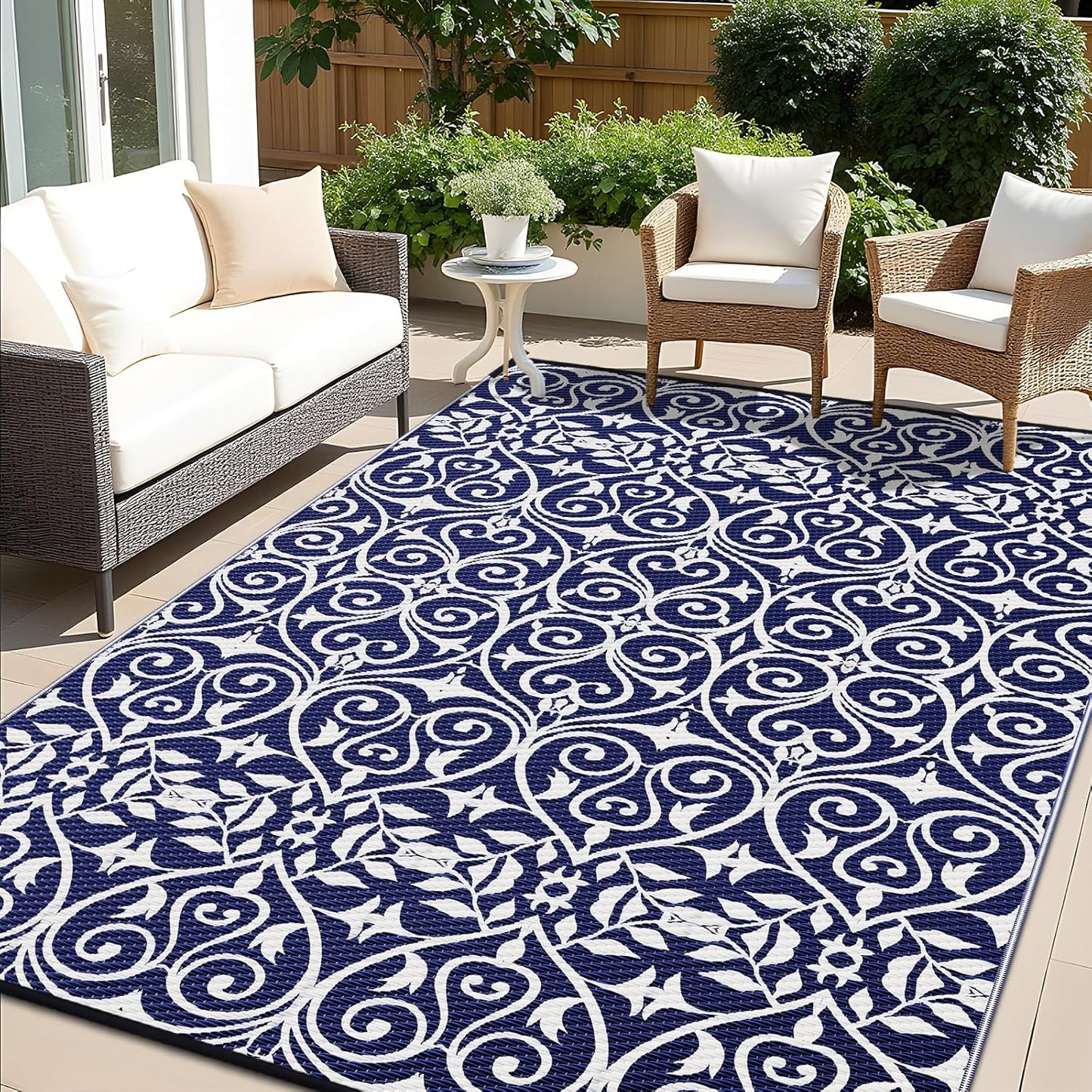 OLANLY Outdoor Rug Waterproof 6x9 ft Clearance, Reversible Outdoor Plastic Straw Rug with Floral Pattern, RV Mat for Patio, Camping, Balcony, Deck, Backyard, Navy & White
