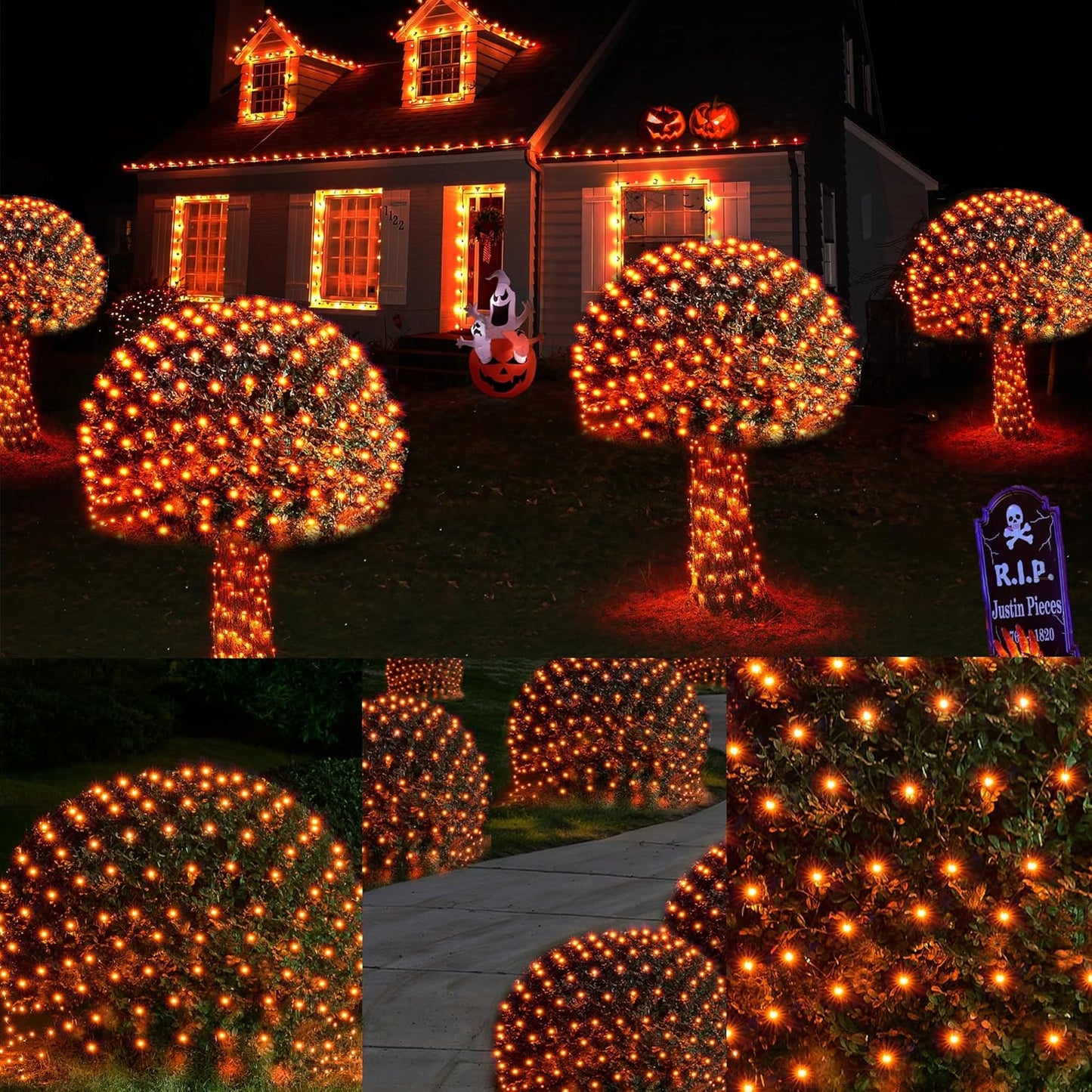 WBao Halloween Lights Outdoor 200LED 8.4ft x 5.2ft Orange Net Lights with 8 Modes, Timer, UL Certified, Connectable, Waterproof & Dark Green Wire for Lawn, Bushes, Trees, Outdoor Halloween Decorations