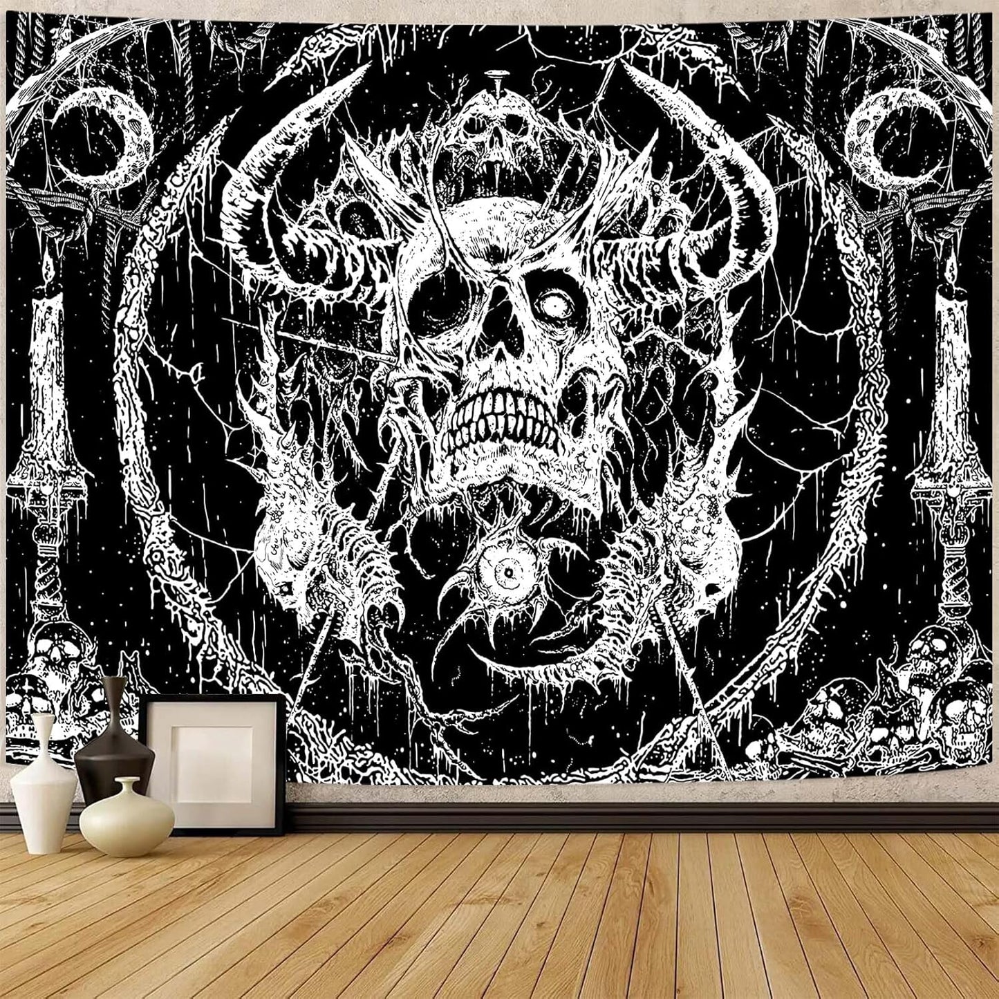 Lifeella Skull Tapestry, Gothic Horror Moon Skeleton Mystic Dark Tapestries for Bedroom Grunge Wall Hanging Black and White 44 x 60 inch