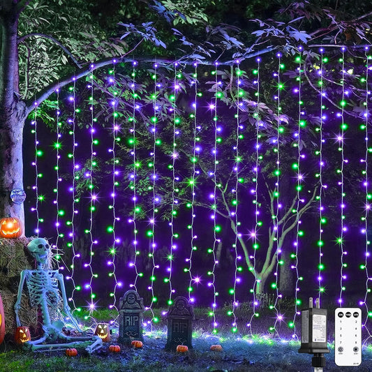 JMEXSUSS 300LED Halloween Curtain Lights with Remote, 9.8x9.8ft Halloween Lights Plug in, Christmas Twinkle Hanging String Light for Bedroom Wall Window Backdrop Indoor Outdoor Decor, Purple and Green
