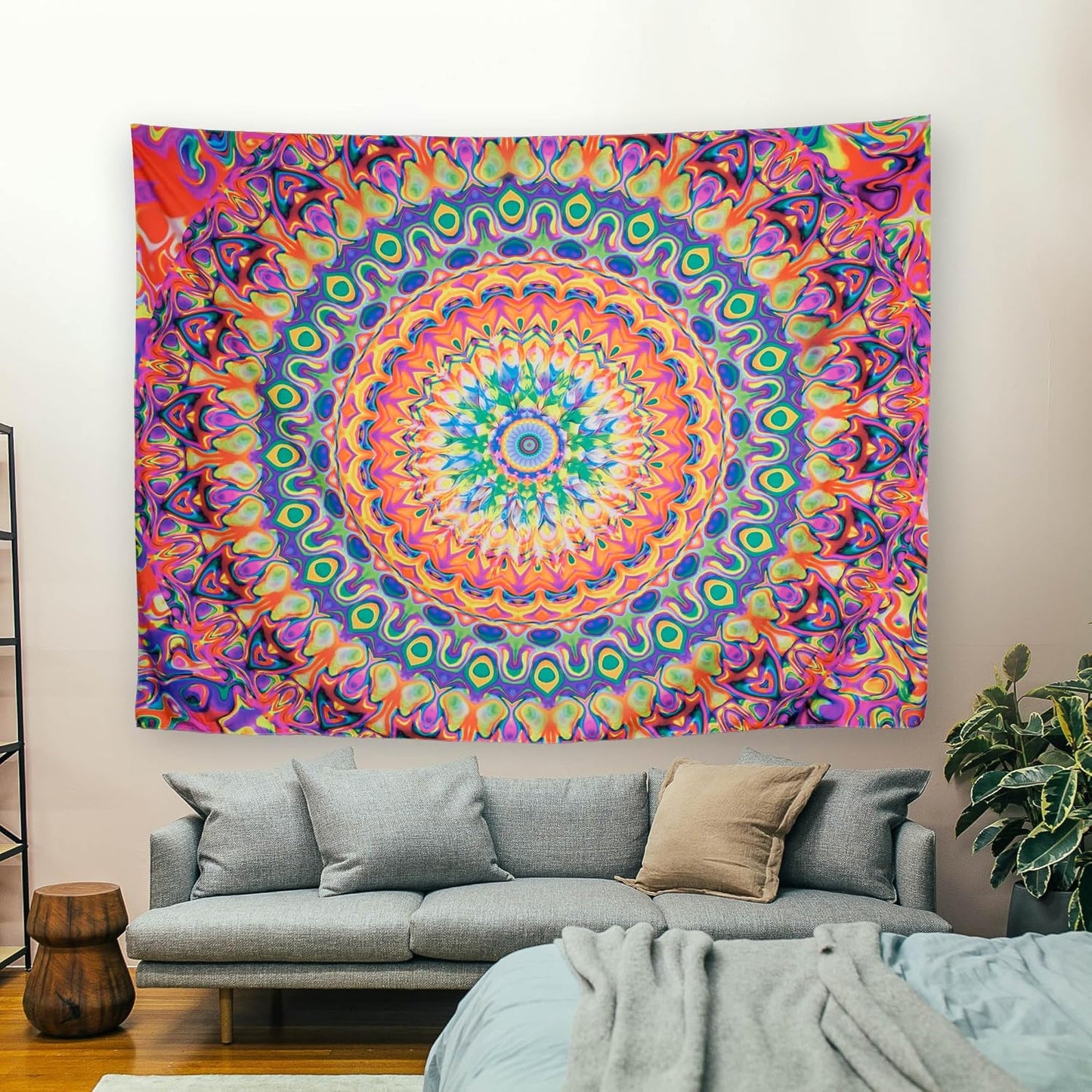 OSVINO Blacklight Colorful Mandala Tapestry 90"x70" Kaleidoscopic Trippy Room Decor Black Light Poster Bohemian Wall Decor for Bedroom Backdrop Decor