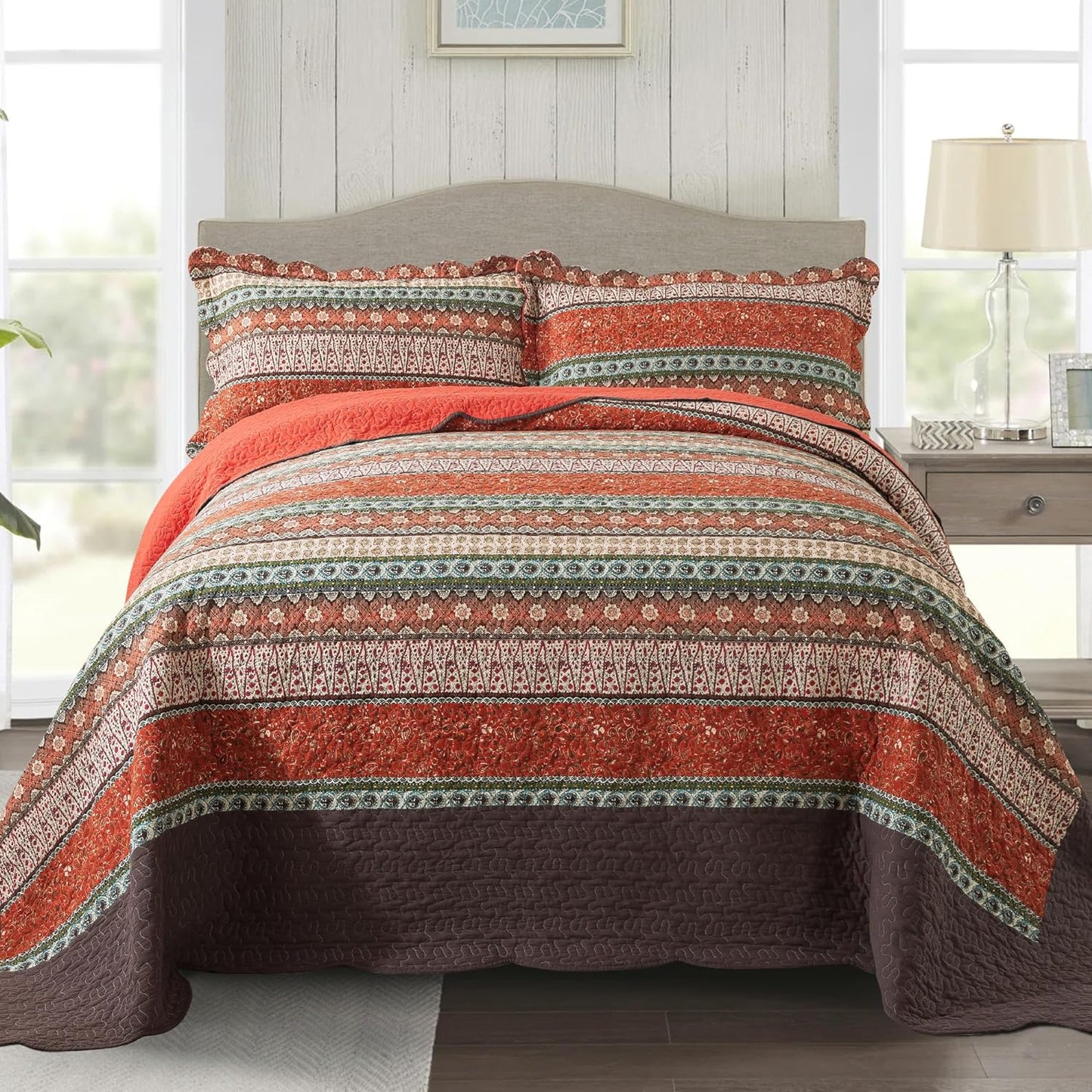 NEWLAKE Cotton Bedspread Quilt Sets - Reversible Patchwork Coverlet Set, Red Striped Jacquard Pattern, Oversized King Size