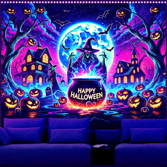 AOHMPT Glow-in-the-Dark Halloween Tapestry - UV Reactive Black Light Wall Hanging Decor for Spooky Parties, Bedroom, Living Room (Witch-Haunted House, 79L x 59W, Unframed)