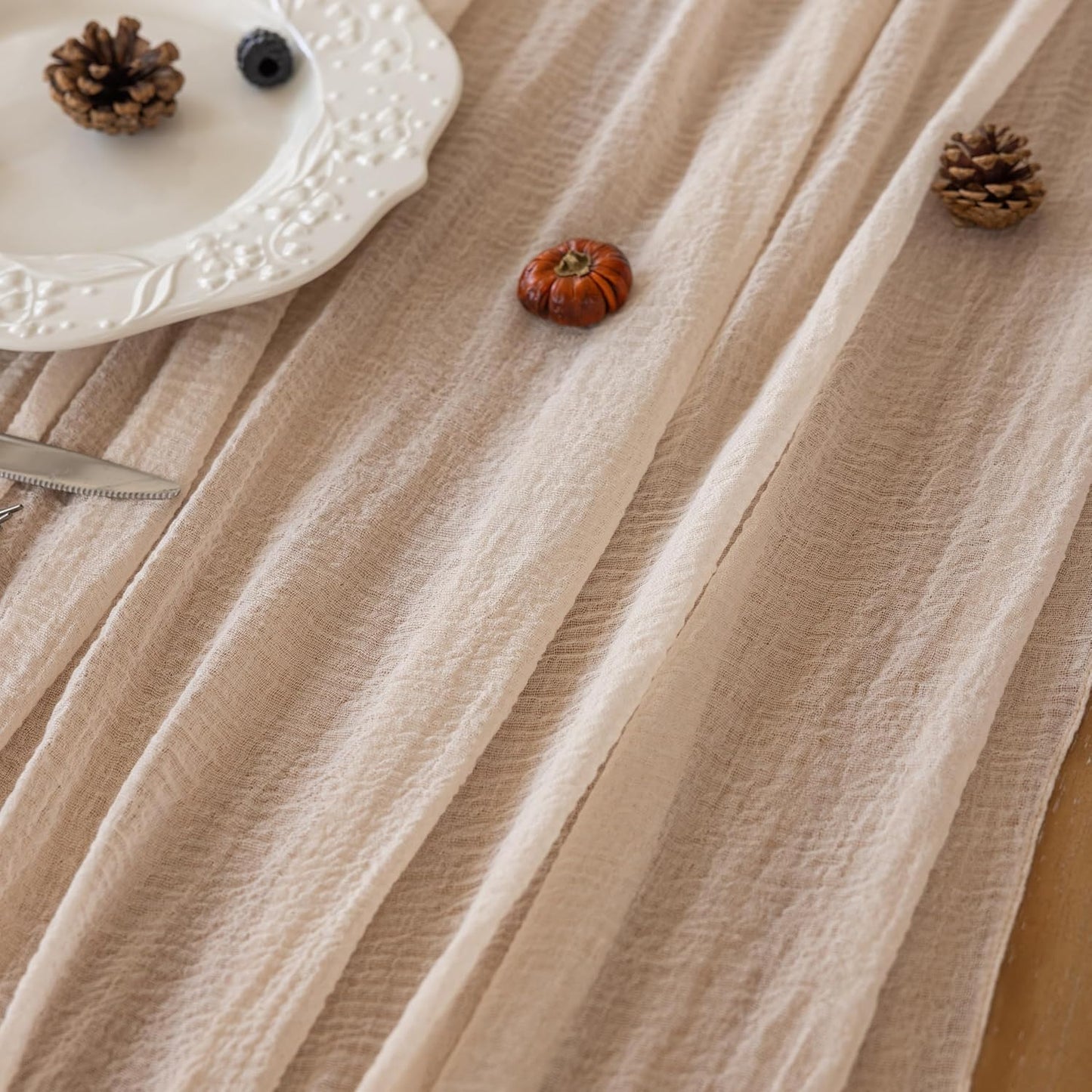 3Pcs Beige Gauze Rustic Cheesecloth Table Runner 120 Inch 10 FT for Wedding Baby Shower Bridal Shower Birthday Engagement Garden Outdoor Party Long Sheer Boho Decorations