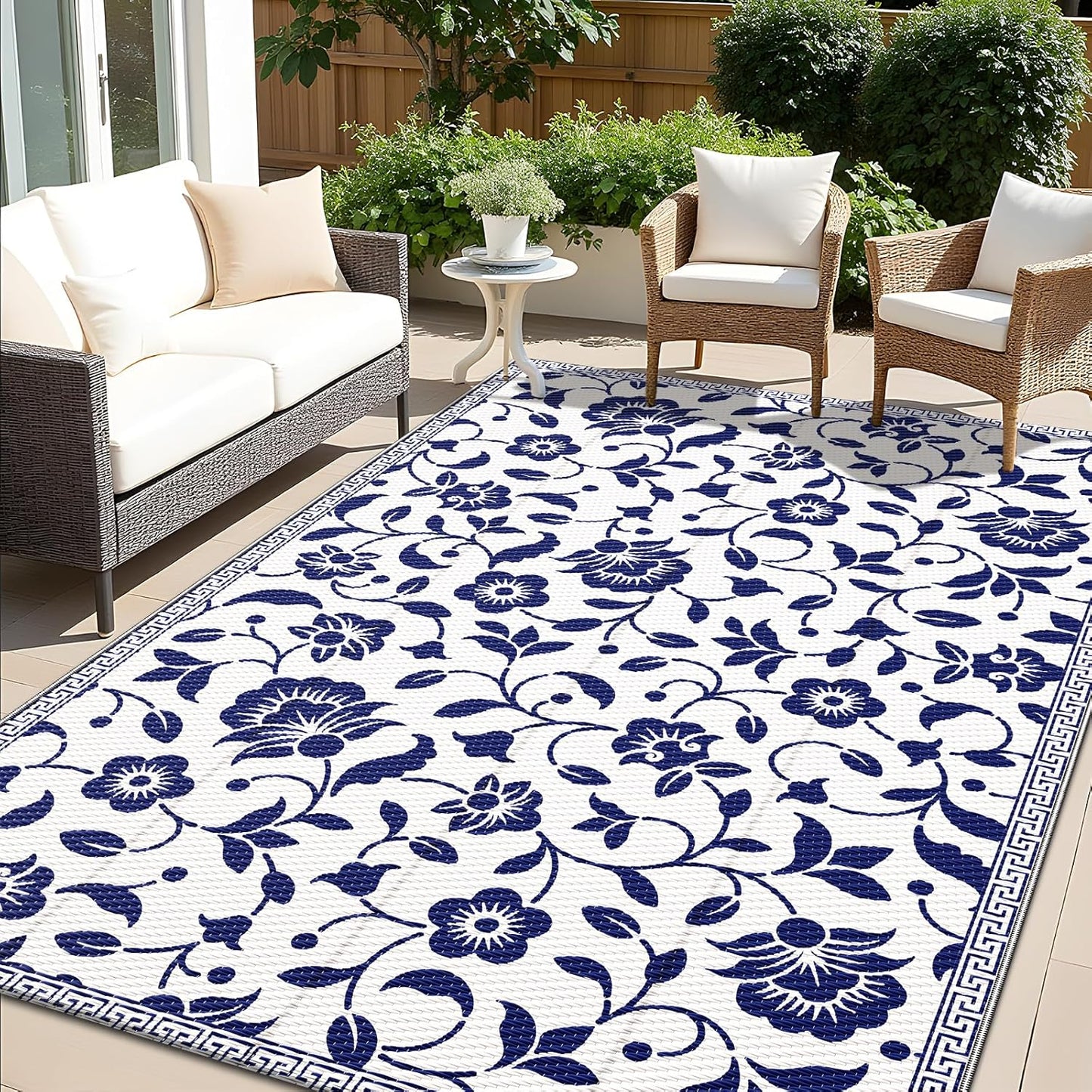 OLANLY Waterproof Outdoor Rug 5x8 ft, Outdoor Plastic Straw Rug with Flower Pattern, Reversible RV Mat for Patio, Camping, Balcony, Deck, Backyard, Navy & White