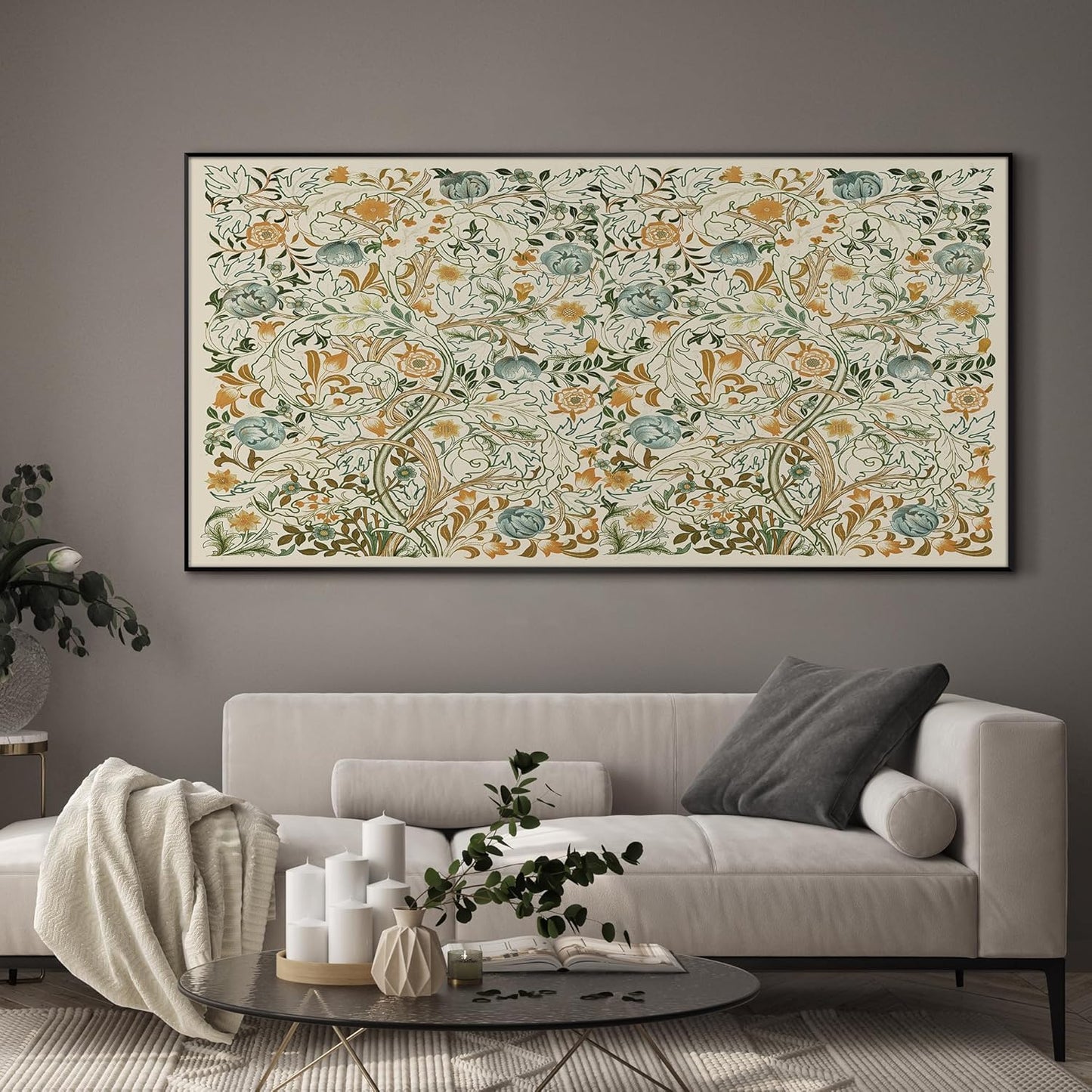 SIGNWIN 24"x46" Extra Large Framed Wall Art Vintage Botanical Floral with Golden and Teal Leaves, Elegant Nature Illustration for Home Living Room Bedroom Decor (Frame Assembly Required)