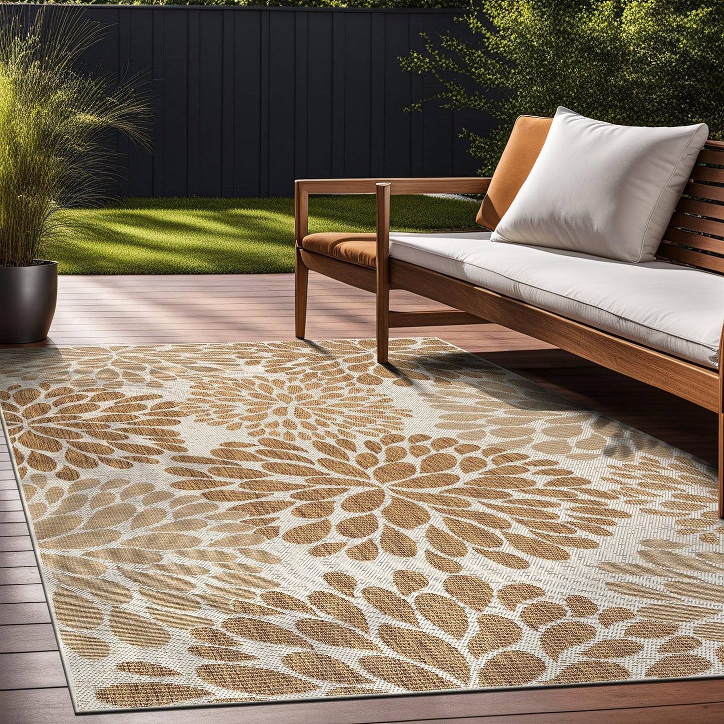 Beverly Rug Outdoor Rug 9x12 Modern Exotic Tropical Leaf Area Rugs for Indoor and Outdoor Patio Deck Porch Garden Water Resistant Washable Outside Carpet (9 x 12 Beige)