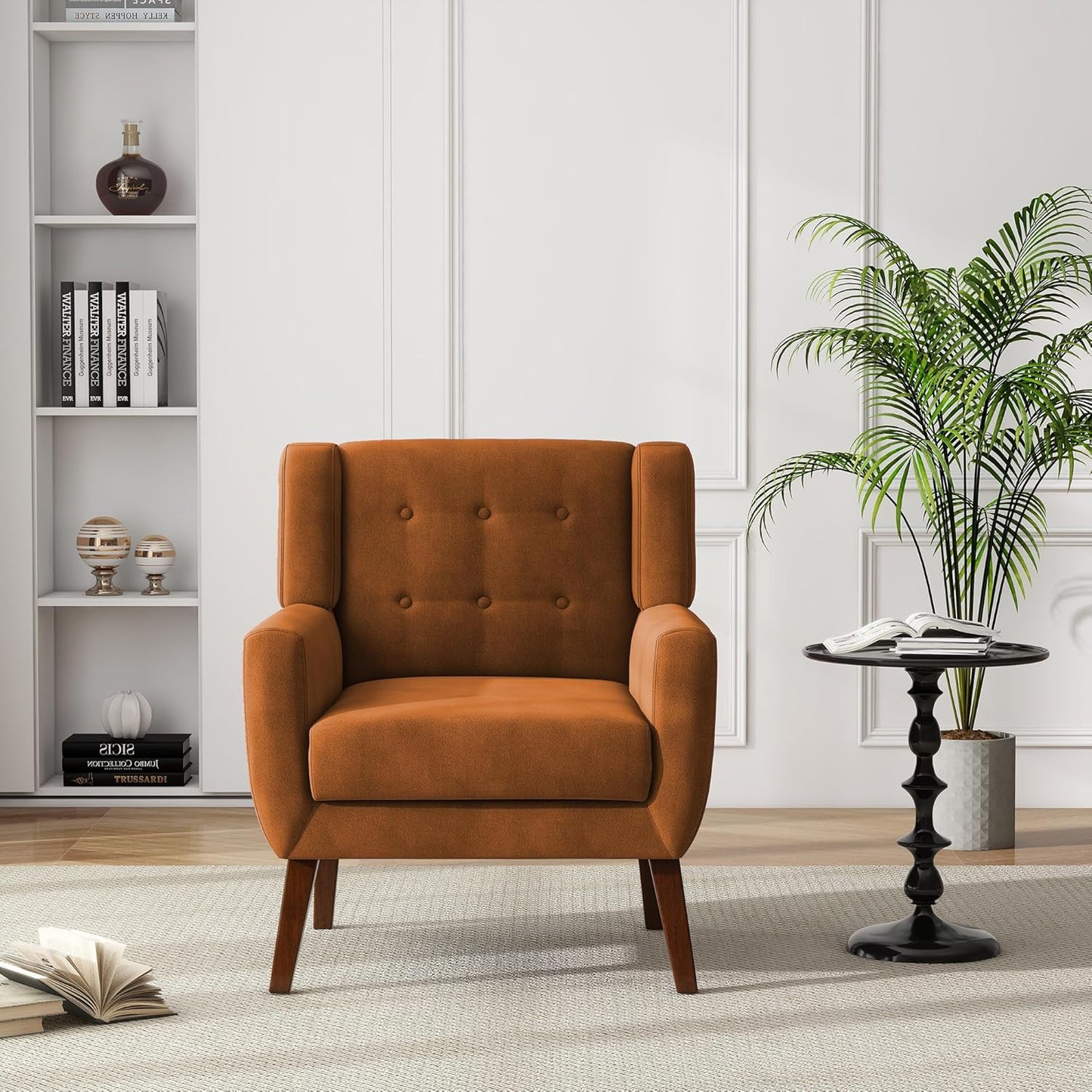 UIXE Accent Chair, Velvet Upholstered Armchair for Living Room, Modern Club Arm Chairs Comfy Single Sofa Button Tufted Bedroom Reading Seat - Orange, Set of 4
