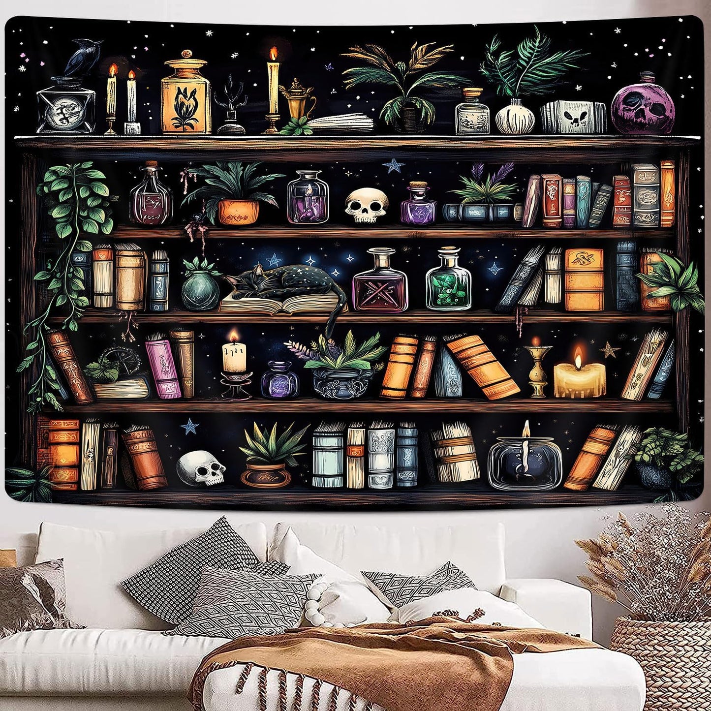 Bookshelf Tapestry Magical Library Witchy Tapestries, Vintage Fantasy Dark Bookshelf Hippie Cool Wall Tapestries Gothic Skull Black Cat Book Aesthetic Decor for Study Classroom, 80X60