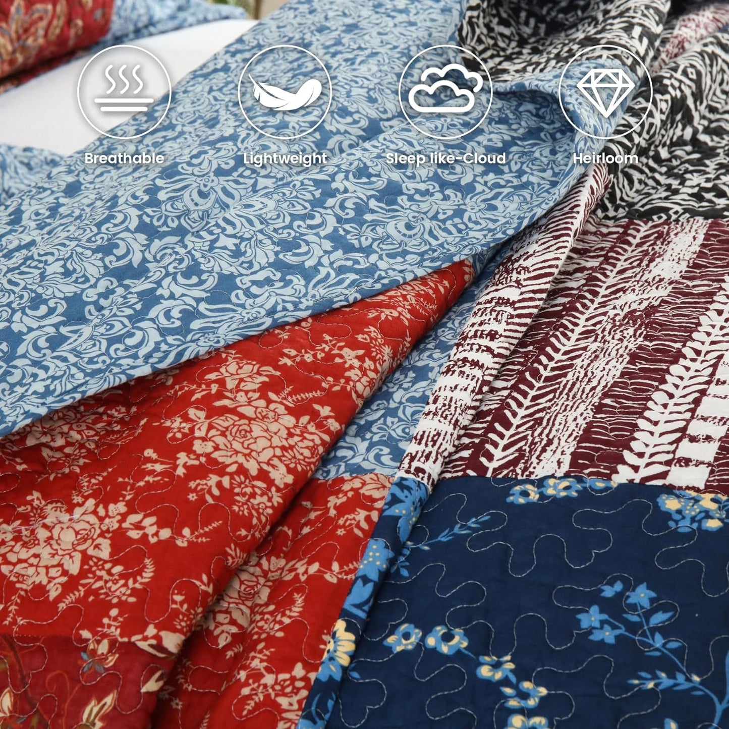 Secgo California King Comforter Set for Bed - 100% Cotton Quilts Cal King Size, Black Bedspreads (120 * 110 Inch) with 2 Pillow Shams, Patchwork Reversible Lightweight Bedding