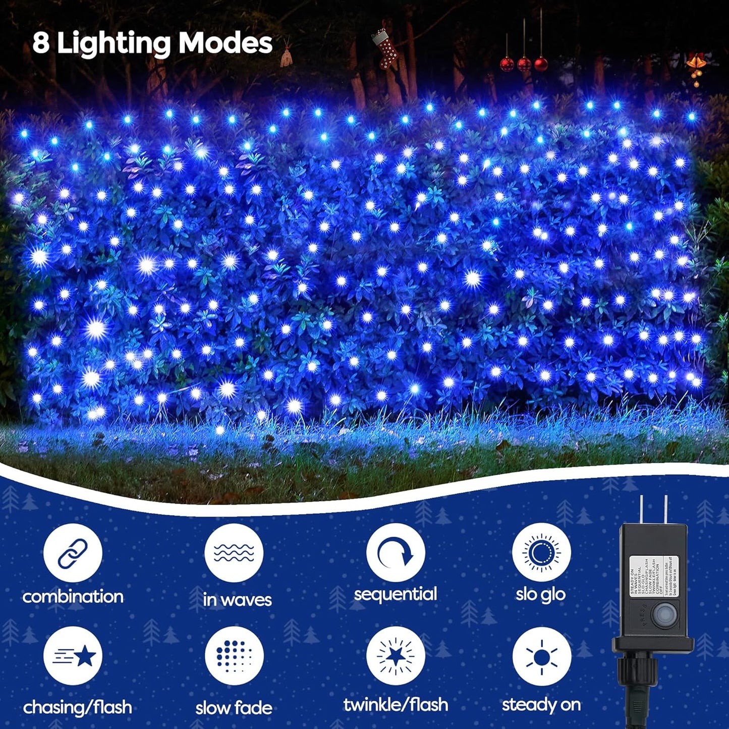 WBao Christmas Lights, 200LED 8.4ft x 5.2ft Net Lights Outdoor Mesh Light with 8 Modes, Timer, UL Certified, End to End Connectable, Waterproof for Lawn, Bushes Outdoor Christmas Decorations, Blue
