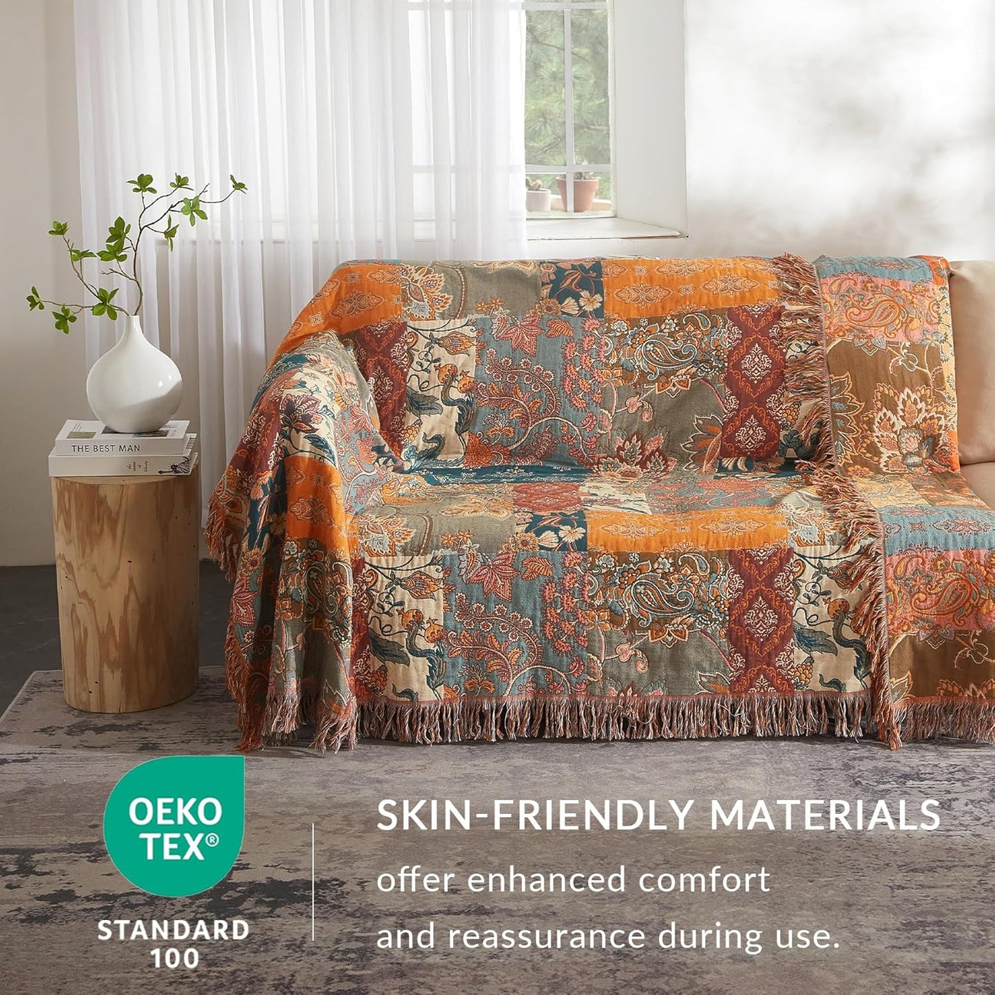 Boho Throw Blanket for Couch Sofa Bed, 100% Cotton Woven Quilt with Tassel 60”x80”, Super Soft Muslin Blanket with Floral Printed, Decorative Reversible Bed Blanket/Cover for All Seasons