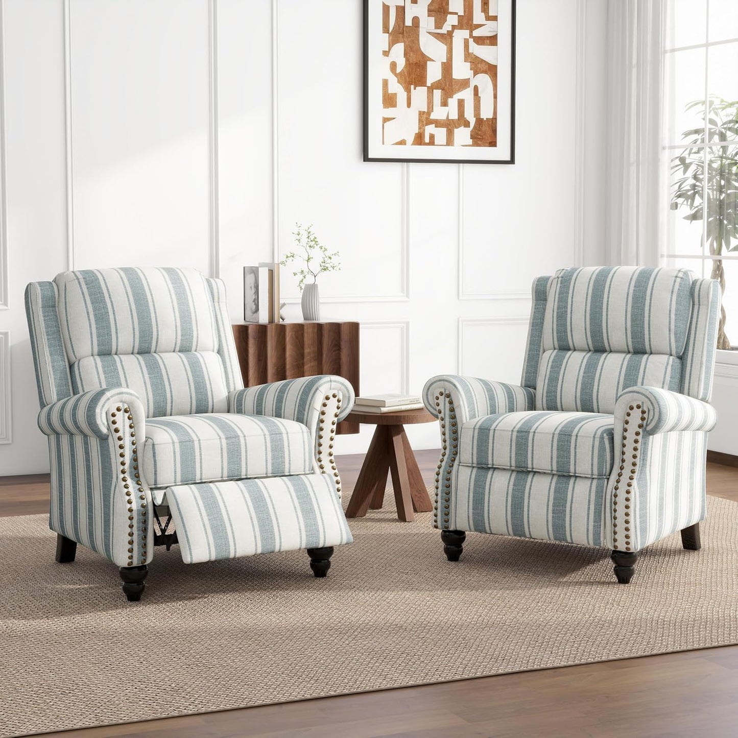 UIXE Pushback Recliner Chairs Set of 2, Fabric Armchair Push Back Accent Chair, Rivet Trim Club Chair Home Theater Overstuffed Single Sofa Reading Seat for Living Room, Stripe Blue