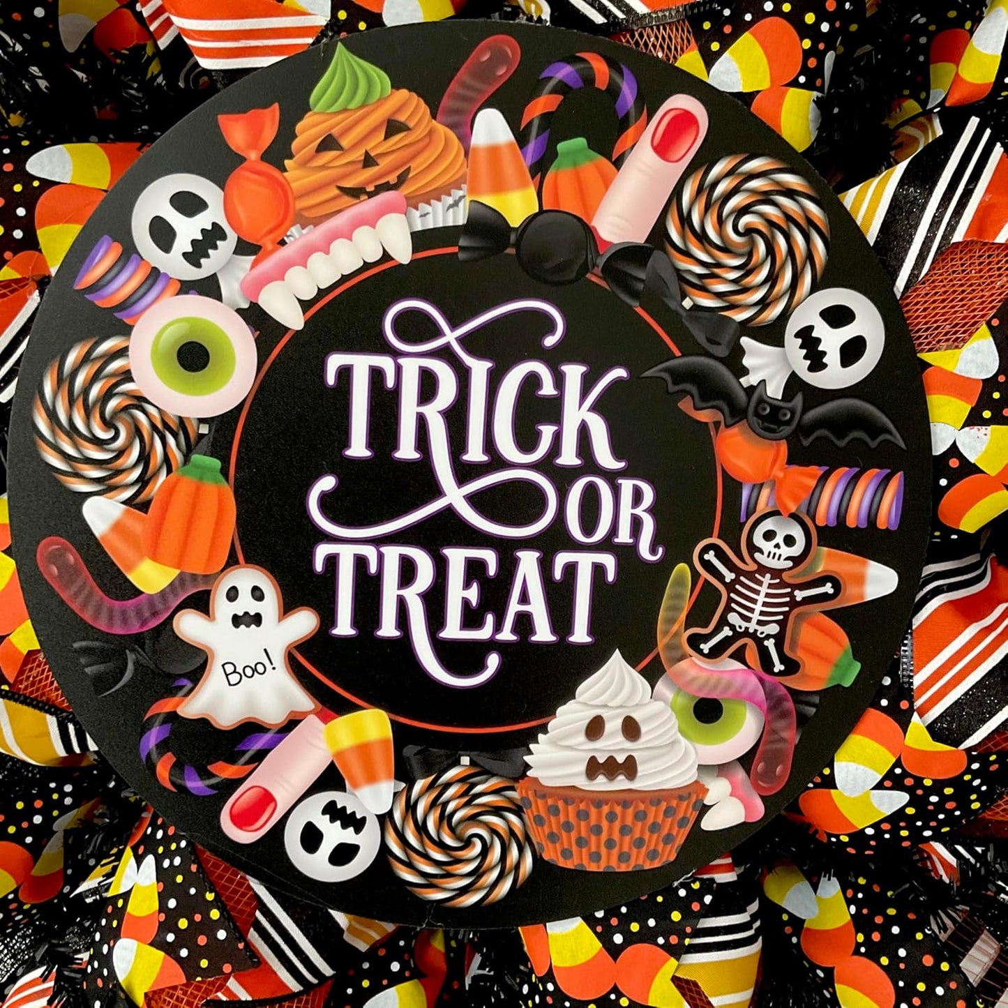 Trick or Treat Halloween Candy Wreath Available in 24 inch or 28 inch diameter Indoor/Outdoor