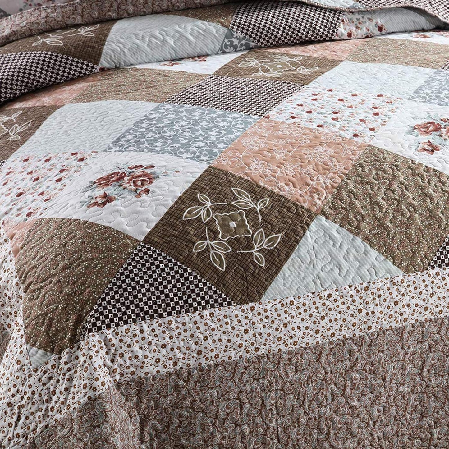 NEWLAKE Quilt Bedspread Sets-Checkered Floral Reversible Coverlet Set,King Size